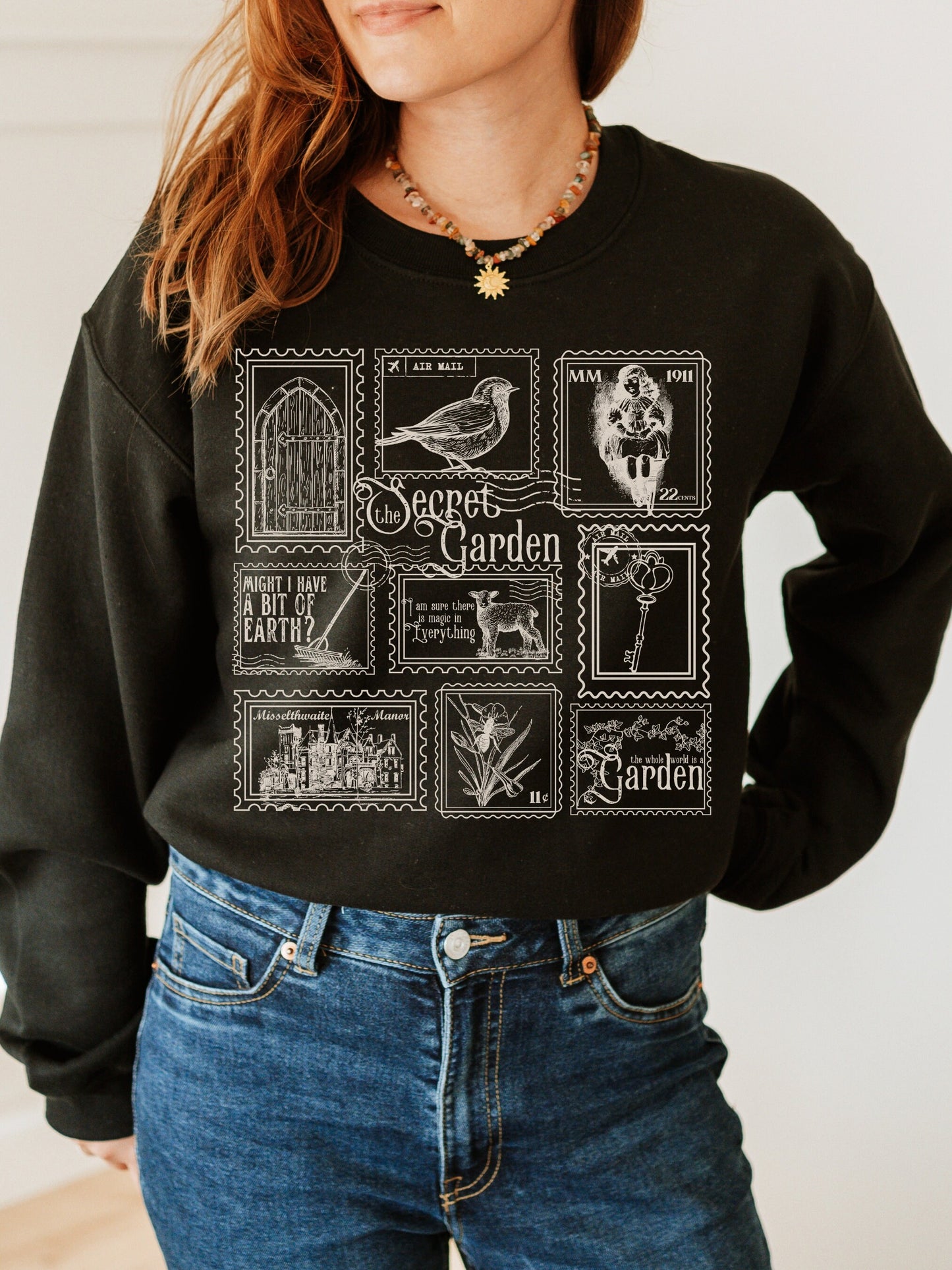 The Secret Garden Literary Stamp Collection Crewneck Sweatshirt * Cottagecore Goblincore Greetings from Misselthwaite Postcard Merch Bookish