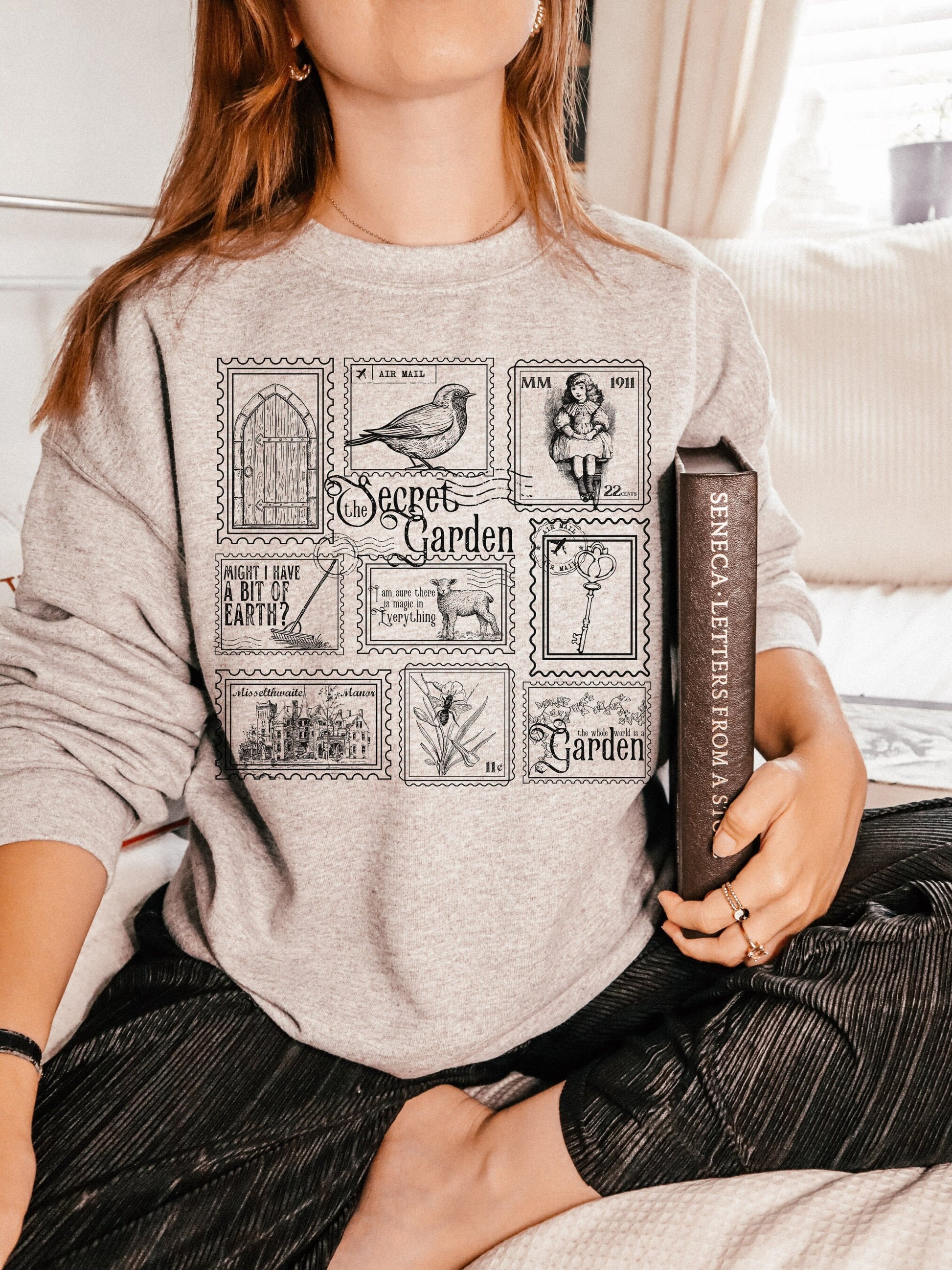 The Secret Garden Literary Stamp Collection Crewneck Sweatshirt * Cottagecore Goblincore Greetings from Misselthwaite Postcard Merch Bookish