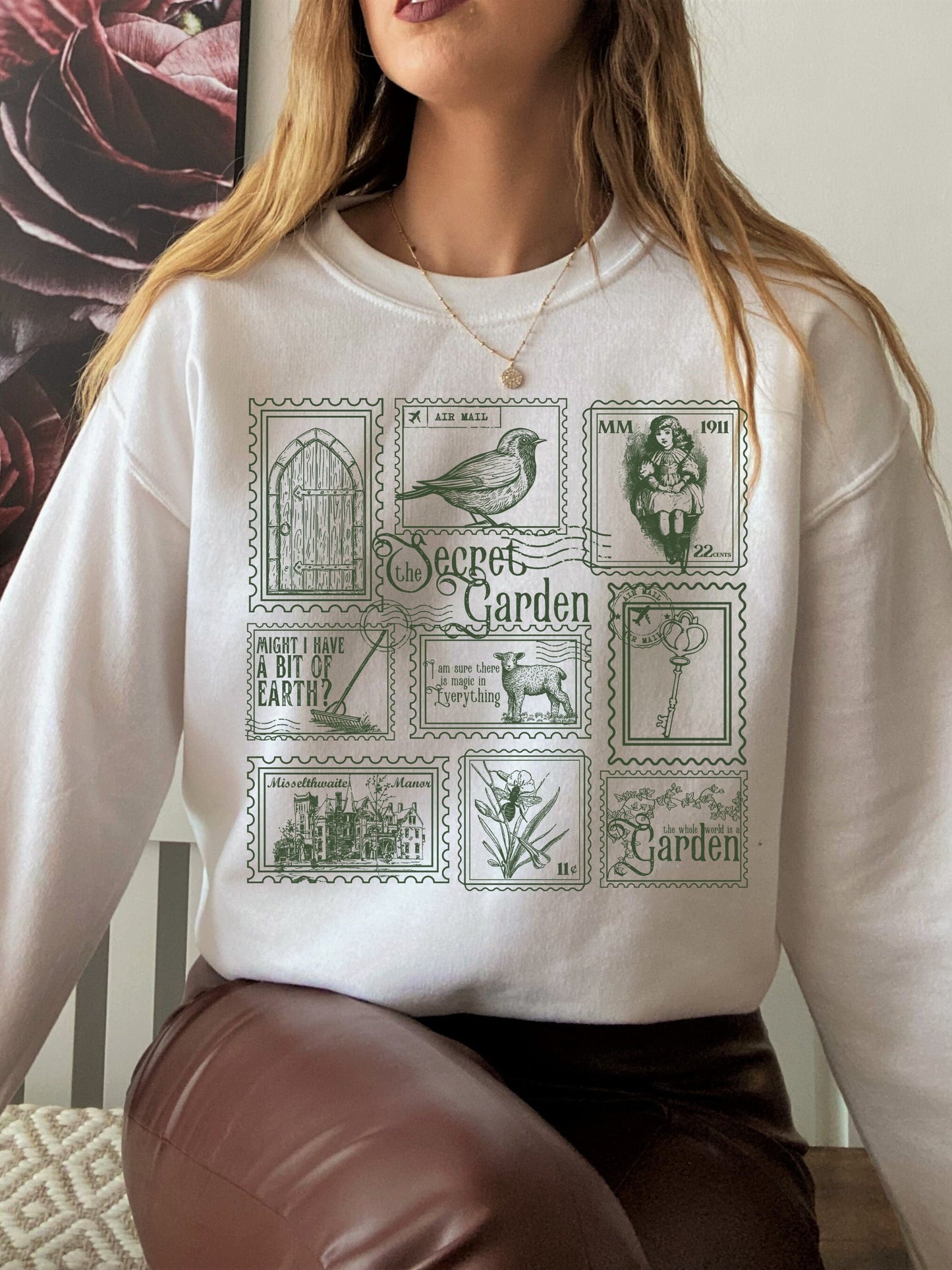 The Secret Garden Literary Stamp Collection Crewneck Sweatshirt * Cottagecore Goblincore Greetings from Misselthwaite Postcard Merch Bookish