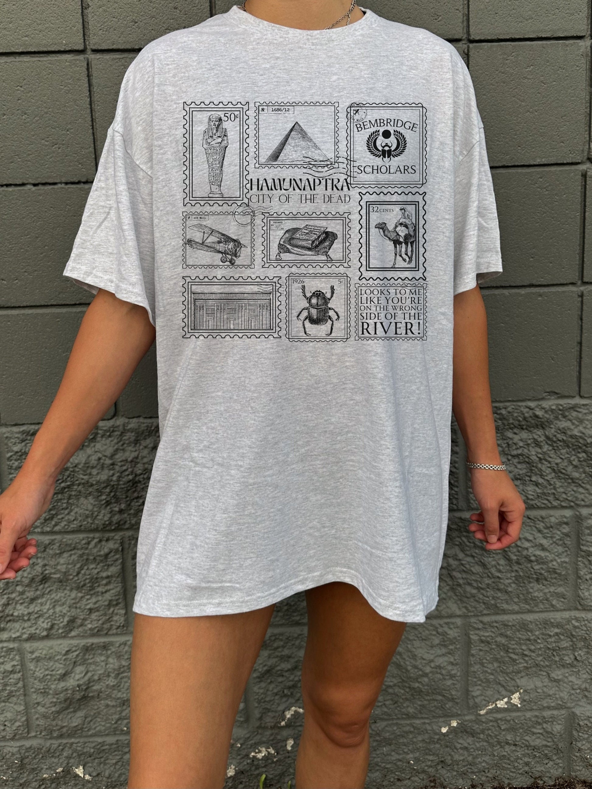 Mummy Stamp Collection Tee Shirt Tshirt * City of the Dead Egypt Rick Evie Greetings from Hamunaptra Postcard Book Fandom Merch Bookish Gift