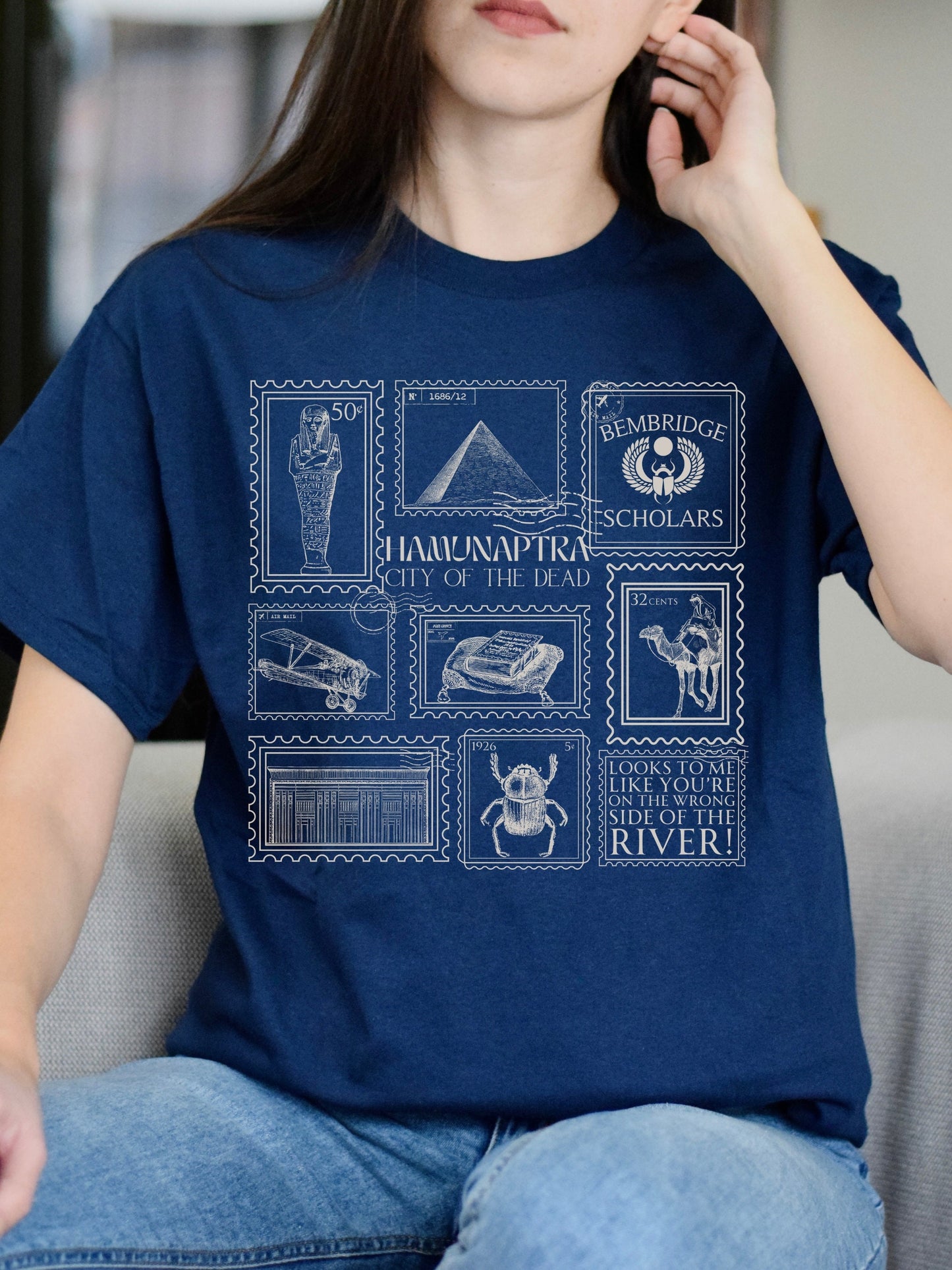 Mummy Stamp Collection Tee Shirt Tshirt * City of the Dead Egypt Rick Evie Greetings from Hamunaptra Postcard Book Fandom Merch Bookish Gift