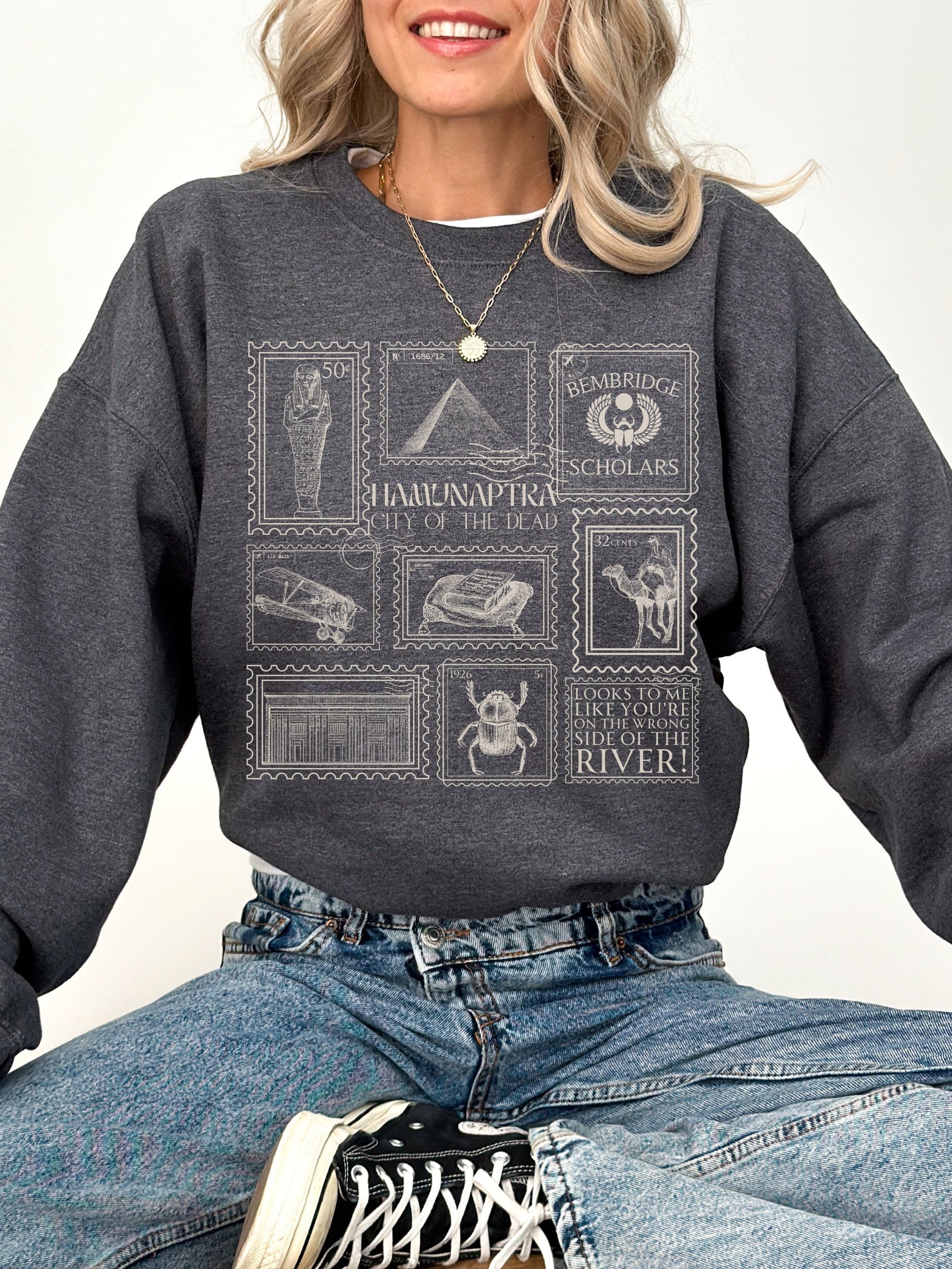 Mummy Stamp Collection Sweatshirt * City of the Dead Egypt Rick Evie Greetings from Hamunaptra Postcard 1999 Book Fandom Merch Bookish Gift