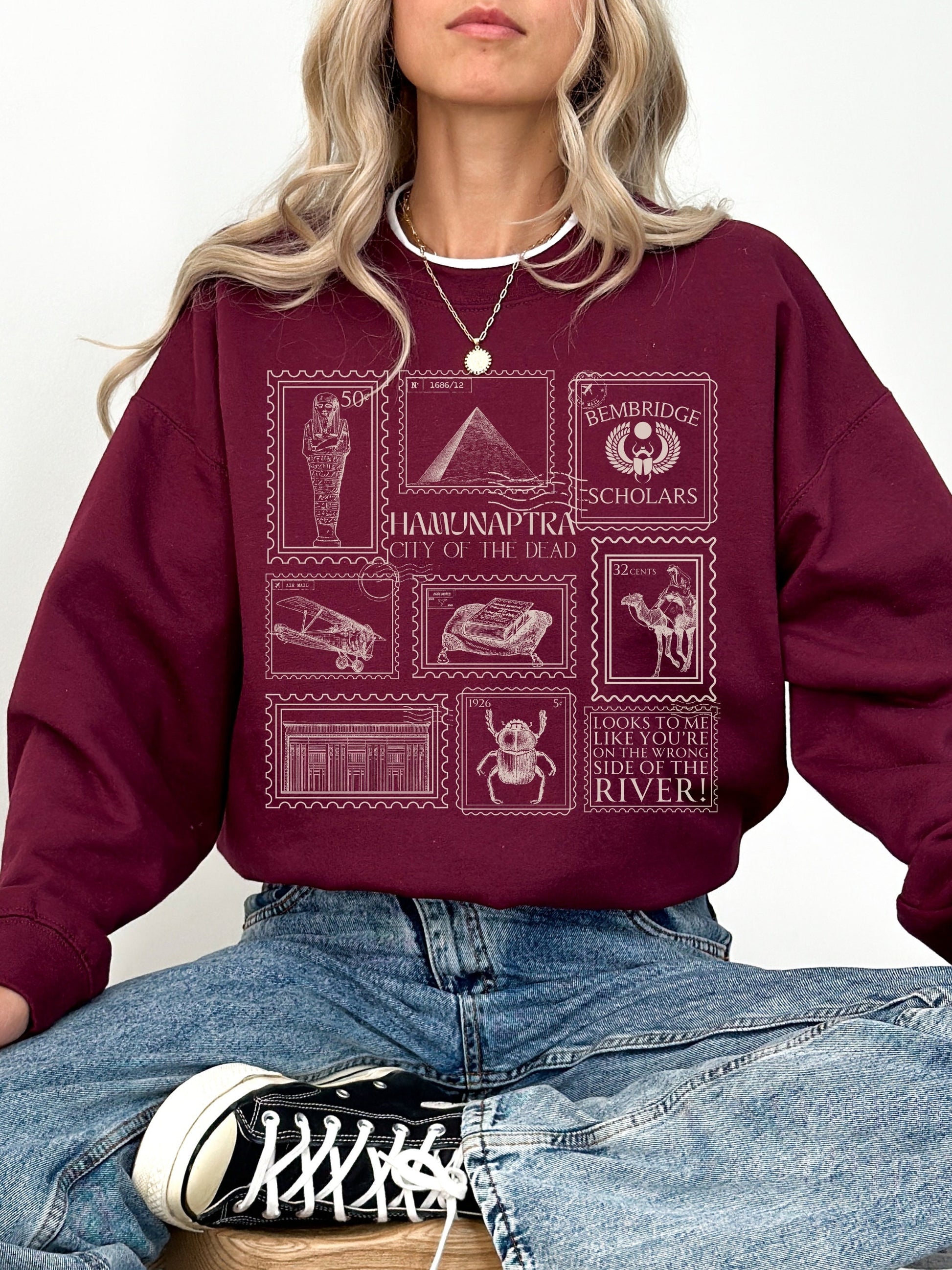 Mummy Stamp Collection Sweatshirt * City of the Dead Egypt Rick Evie Greetings from Hamunaptra Postcard 1999 Book Fandom Merch Bookish Gift