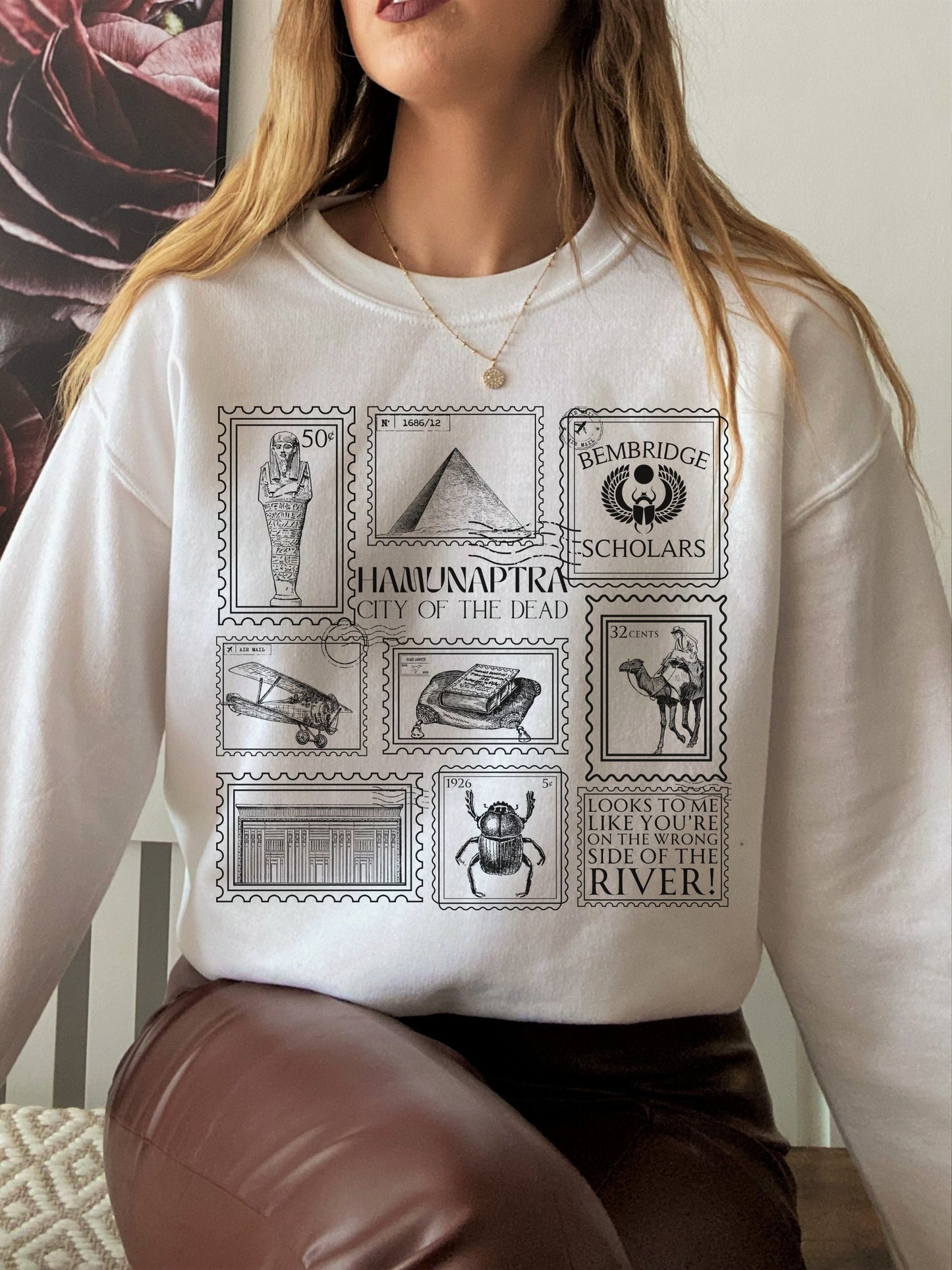 Mummy Stamp Collection Sweatshirt * City of the Dead Egypt Rick Evie Greetings from Hamunaptra Postcard 1999 Book Fandom Merch Bookish Gift