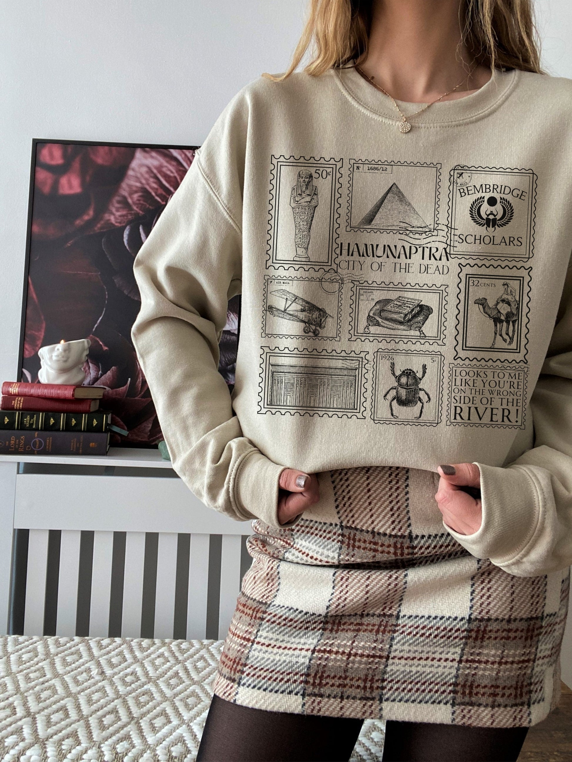 Mummy Stamp Collection Sweatshirt * City of the Dead Egypt Rick Evie Greetings from Hamunaptra Postcard 1999 Book Fandom Merch Bookish Gift