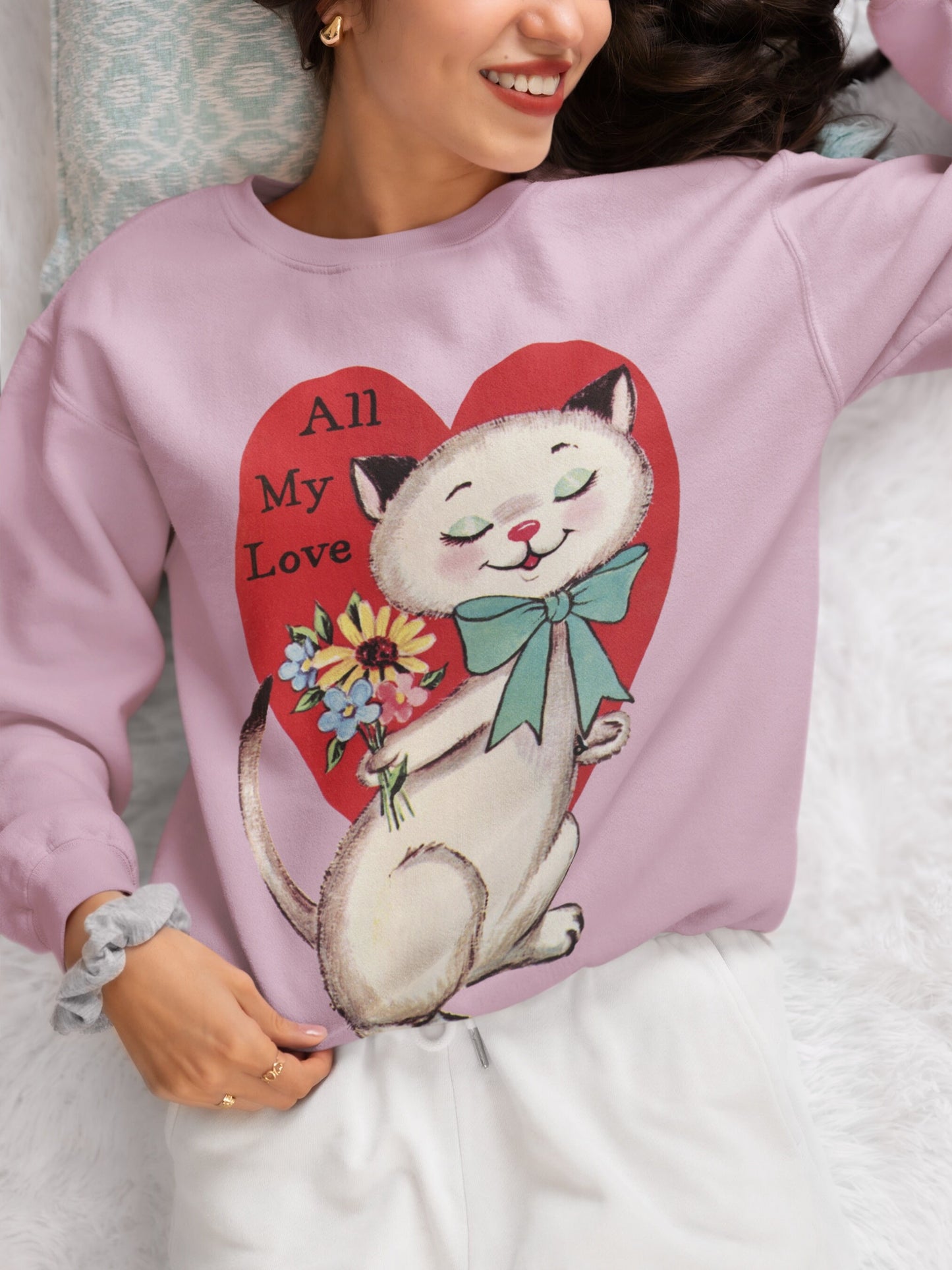 Retro 50s 60s Valentines Day Cute Cat Kitten Kitty Sweatshirt * Vintage Valentine Heart Crewneck Gift Mid Century Modern Coquette Aesthetic