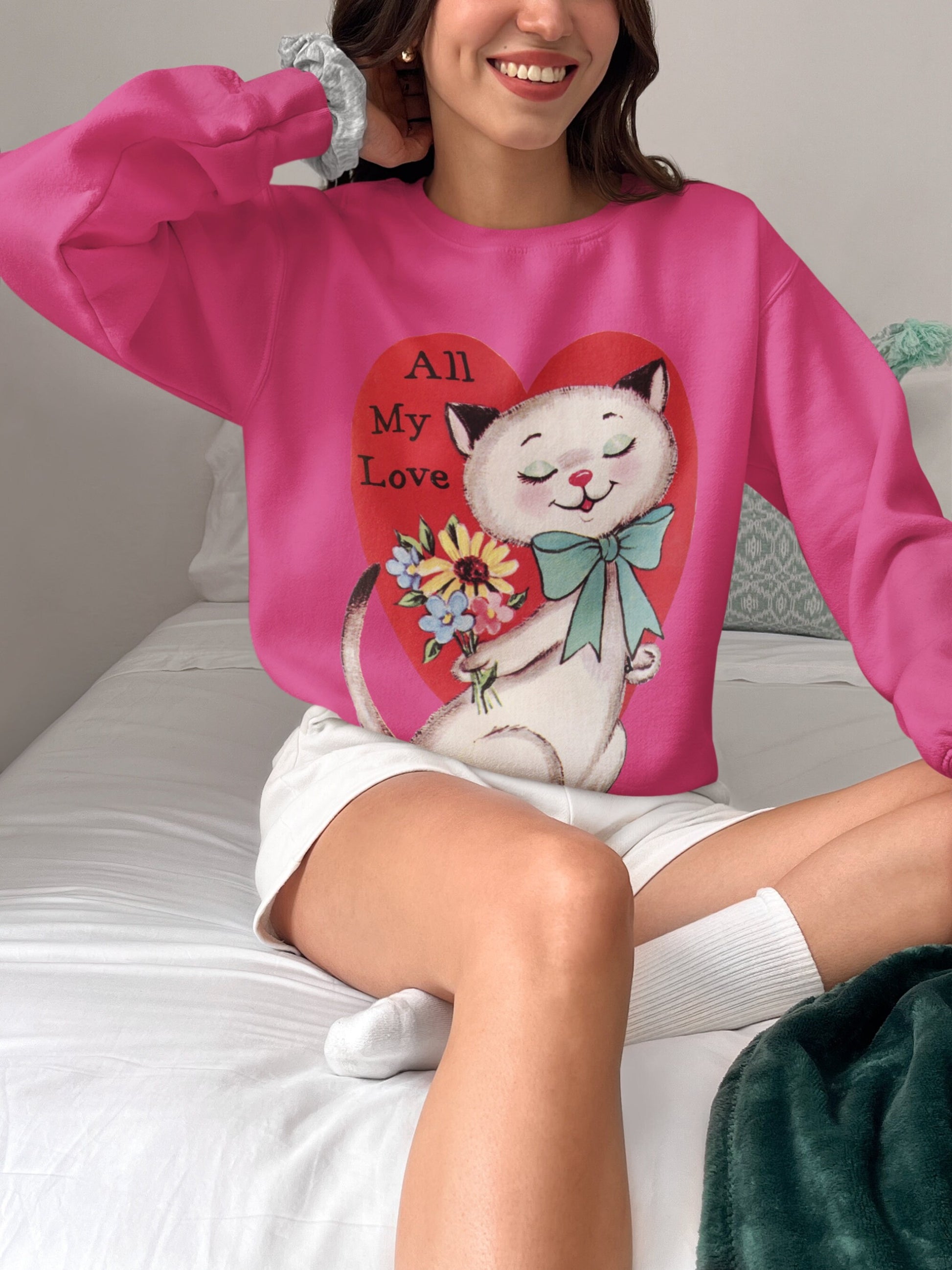 Retro 50s 60s Valentines Day Cute Cat Kitten Kitty Sweatshirt * Vintage Valentine Heart Crewneck Gift Mid Century Modern Coquette Aesthetic