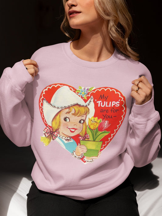 Retro 50s 60s Valentines Day Cute Tulips Garden Sweatshirt * Vintage Valentine Heart Crewneck Gift Mid Century Modern Coquette Aesthetic