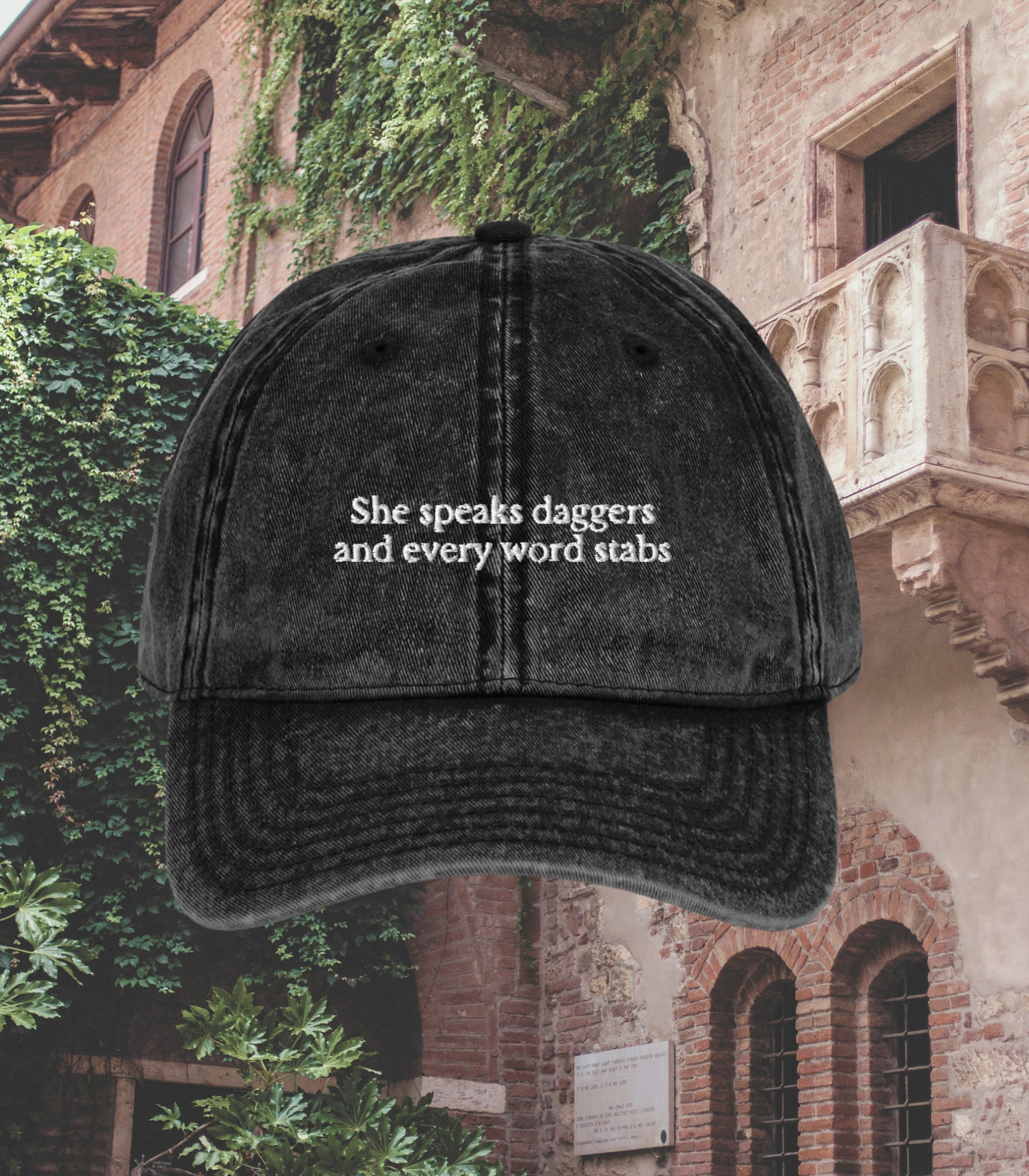 Shakespearean insult she speaks daggers embroidered dad hat aesthetic Shakespeare bookish fandom merch gift drama theater dark academia