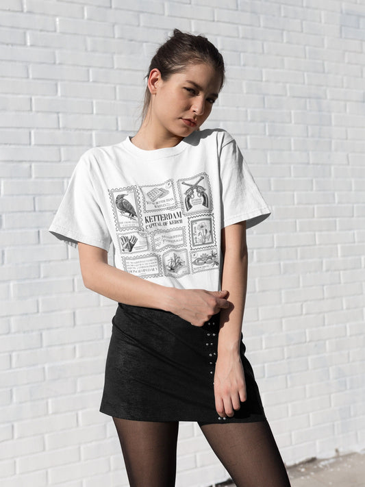 Six of Crows Stamp Collection Tee Shirt Tshirt * Crow Club Kaz Inej Jesper Greetings from Ketterdam Postcard Book Fandom Merch Bookish Gift