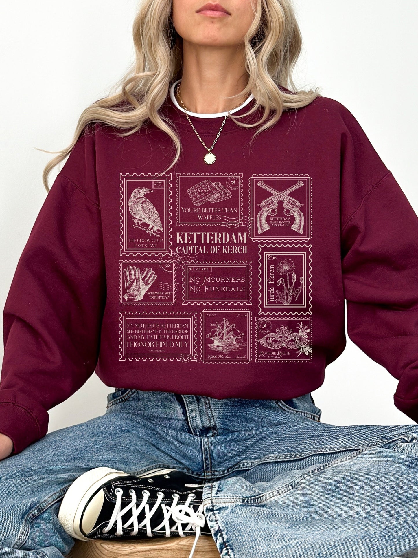 Six of Crows Stamp Collection Crewneck Sweatshirt * Crow Club Kaz Inej Jesper Greetings from Ketterdam Postcard Fandom Merch Bookish Gift