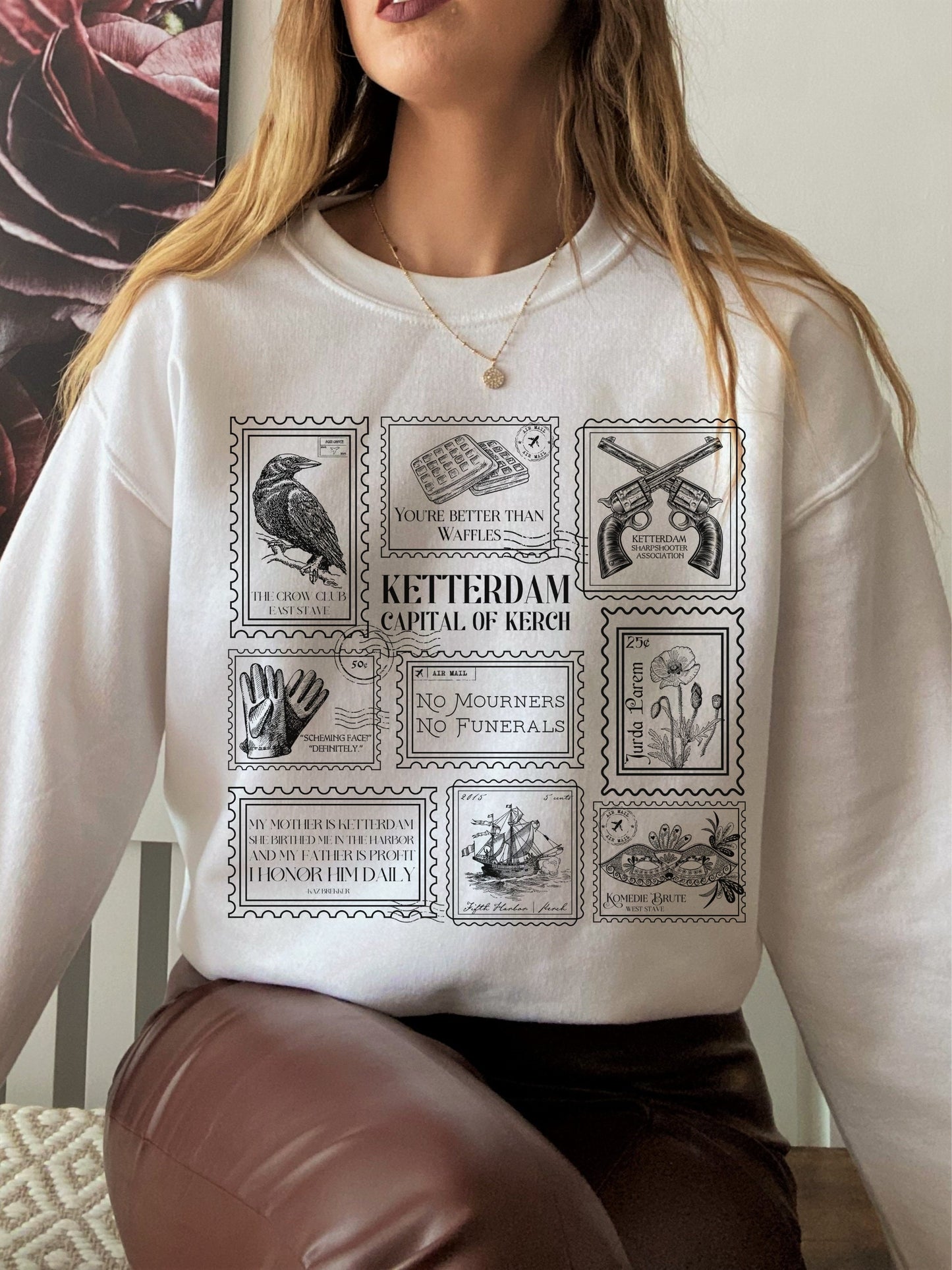 Six of Crows Stamp Collection Crewneck Sweatshirt * Crow Club Kaz Inej Jesper Greetings from Ketterdam Postcard Fandom Merch Bookish Gift