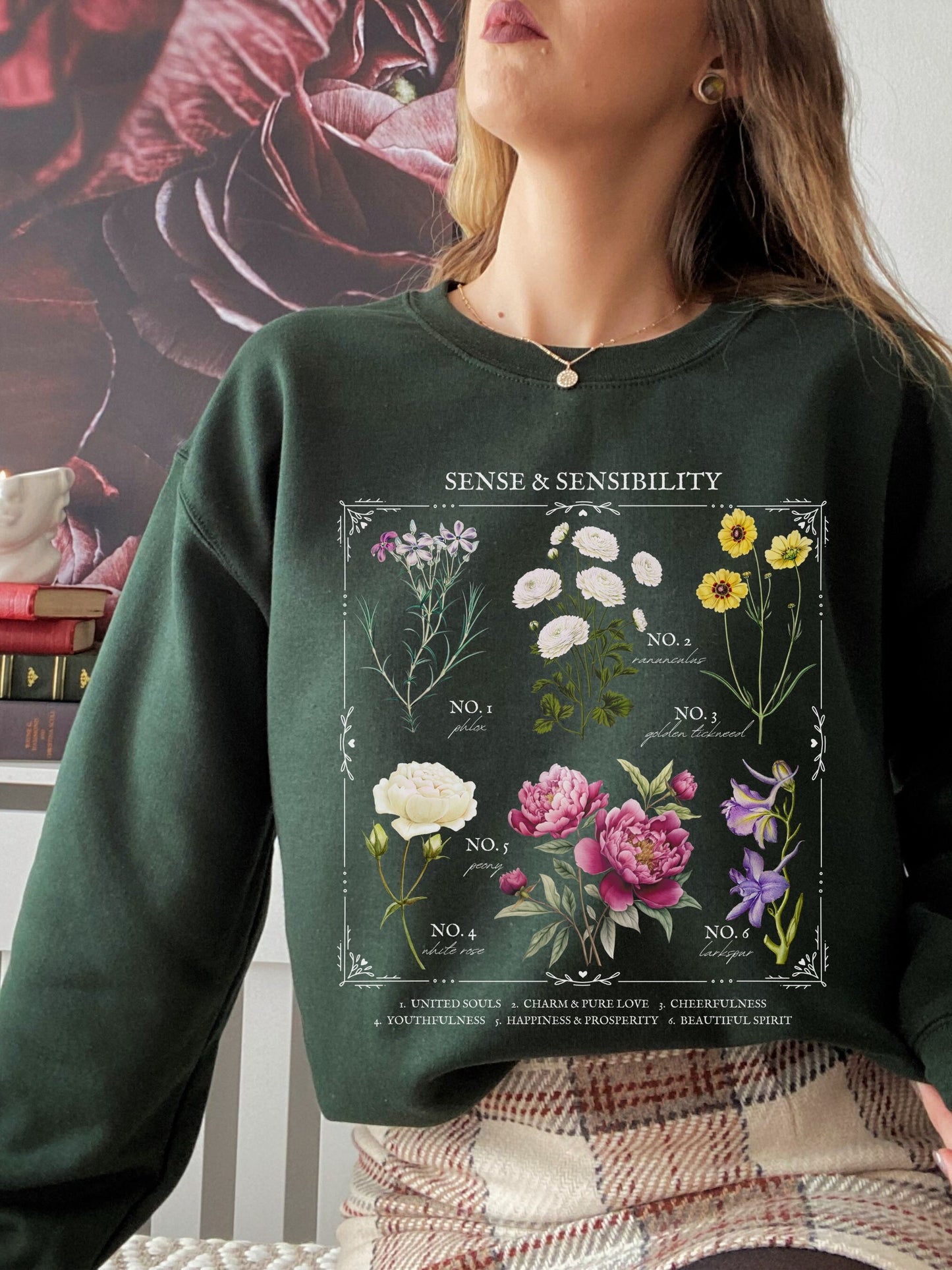 Jane Austen Sense & Sensibility Literary flower chart sweatshirt Cottagecore Literature Bookish Fandom Merch Lover Gift Idea pemberley darcy