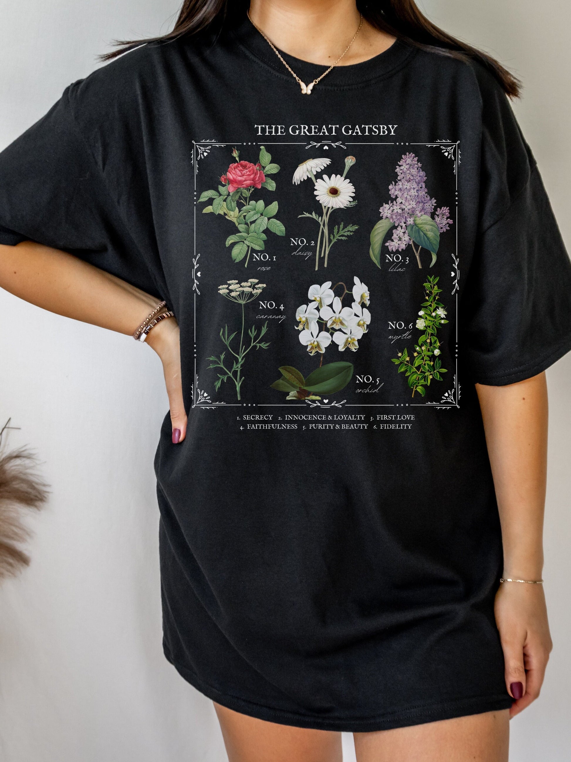 Fitzgerald The Great Gatsby Literary Flower Chart tee shirt Cottagecore Literature Bookish Fandom Merch Dark Academia Gift daisy buchanan