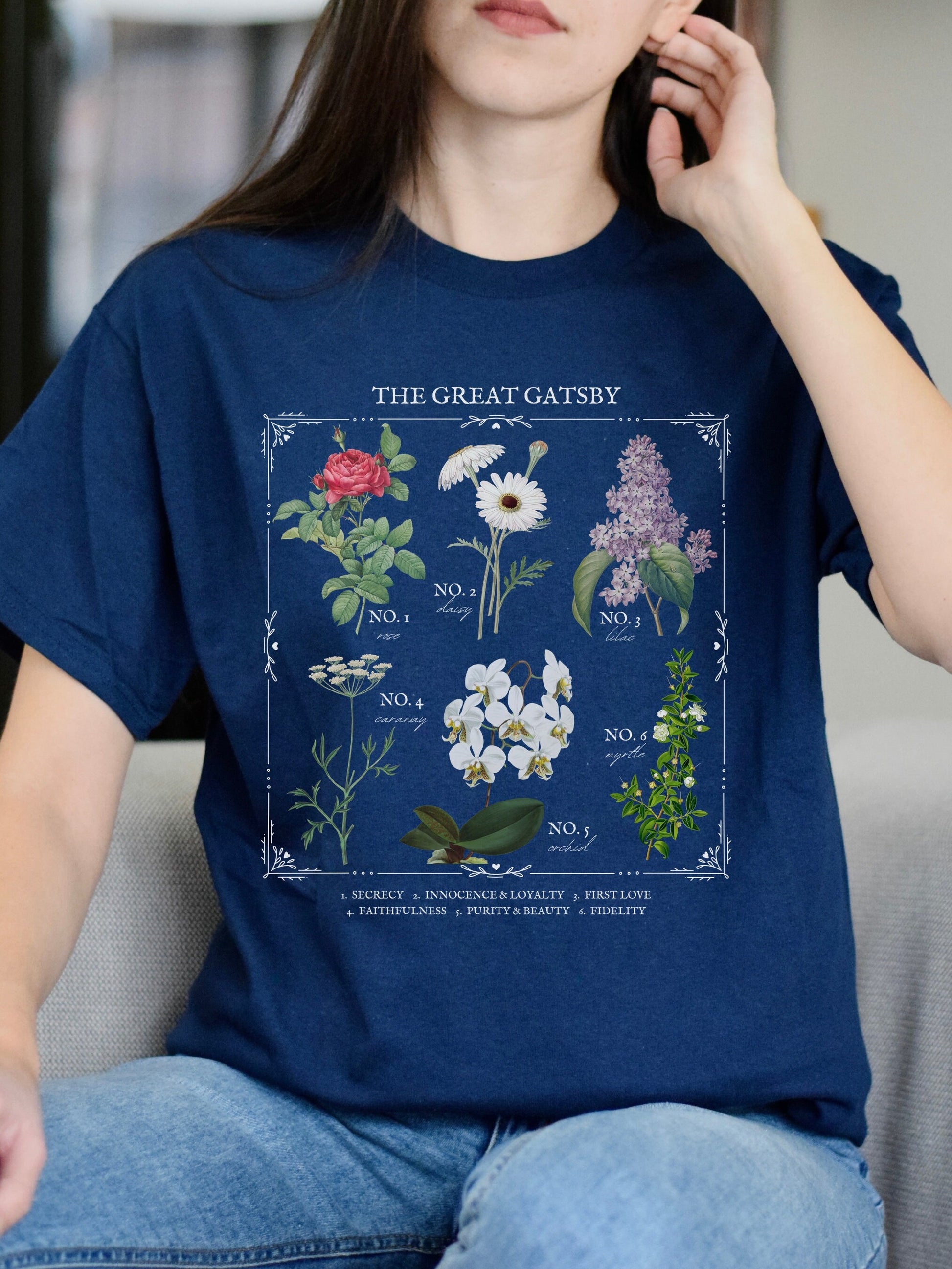 Fitzgerald The Great Gatsby Literary Flower Chart tee shirt Cottagecore Literature Bookish Fandom Merch Dark Academia Gift daisy buchanan