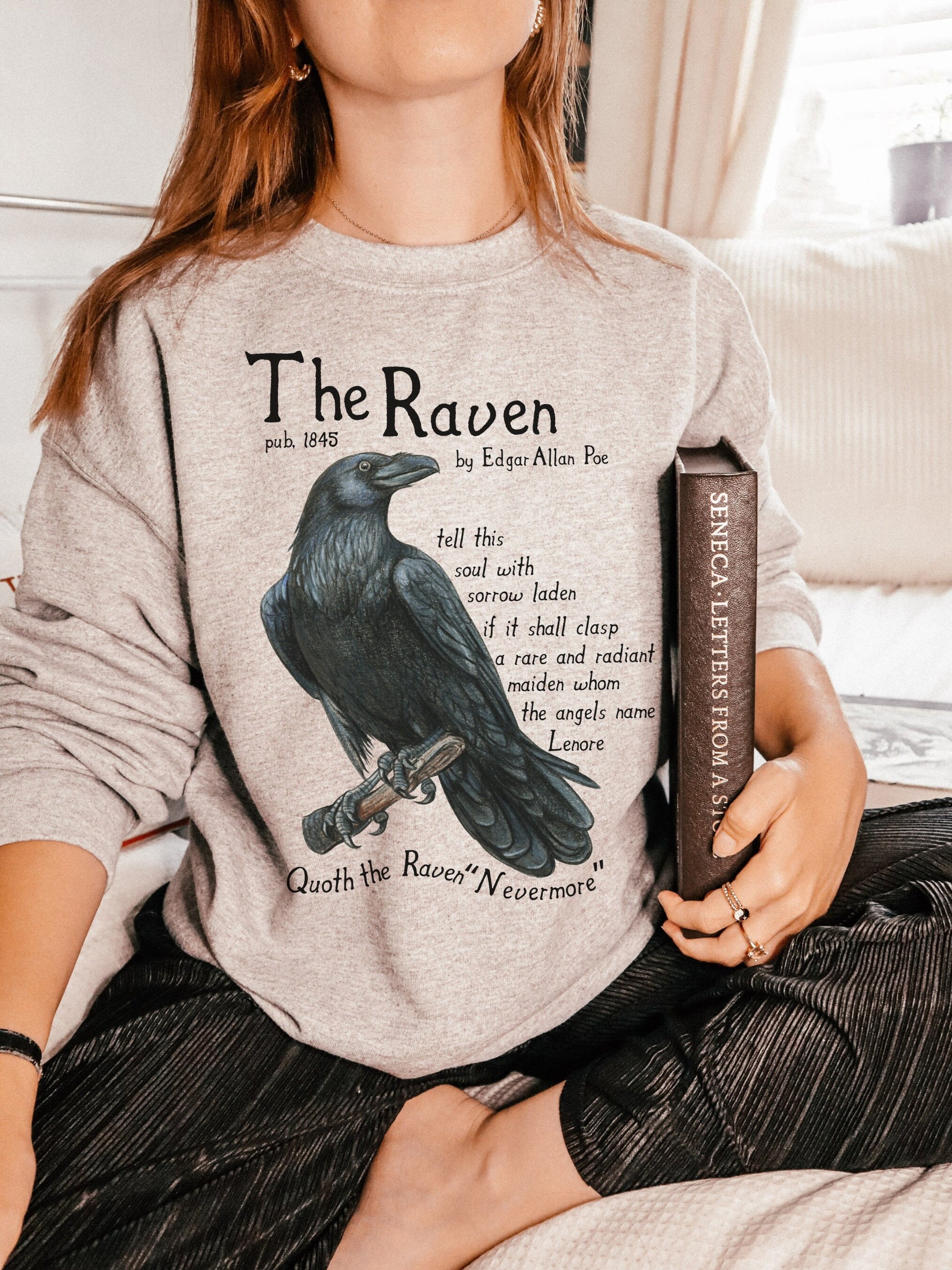 Edgar Allan Poe The Raven Poem Quote Crewneck Sweatshirt * Midnight Dreary Lenore * Dark Academia Goth Witchy Goblincore Bookish Gift Grunge