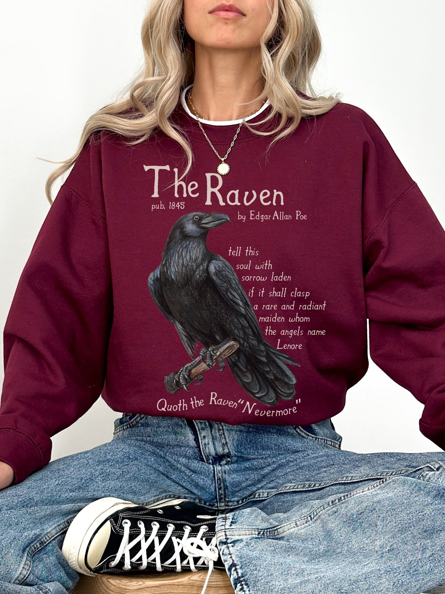 Edgar Allan Poe The Raven Poem Quote Crewneck Sweatshirt * Midnight Dreary Lenore * Dark Academia Goth Witchy Goblincore Bookish Gift Grunge