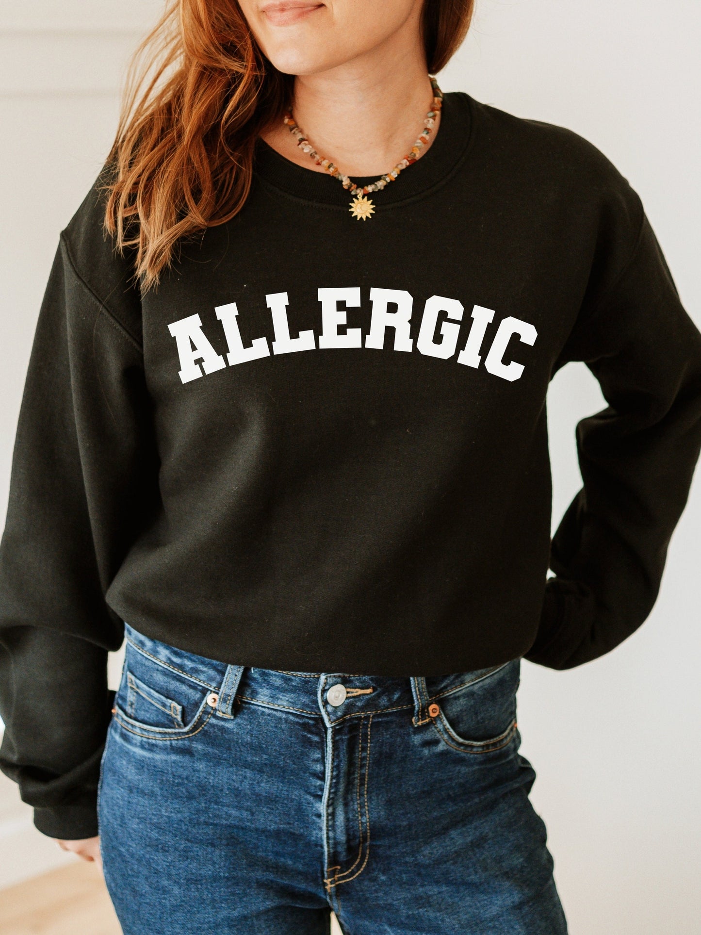 Allergic varsity crewneck unisex sweatshirt invisible chronic illness celiac gluten free autoimmune food seasonal allergies mcas awareness