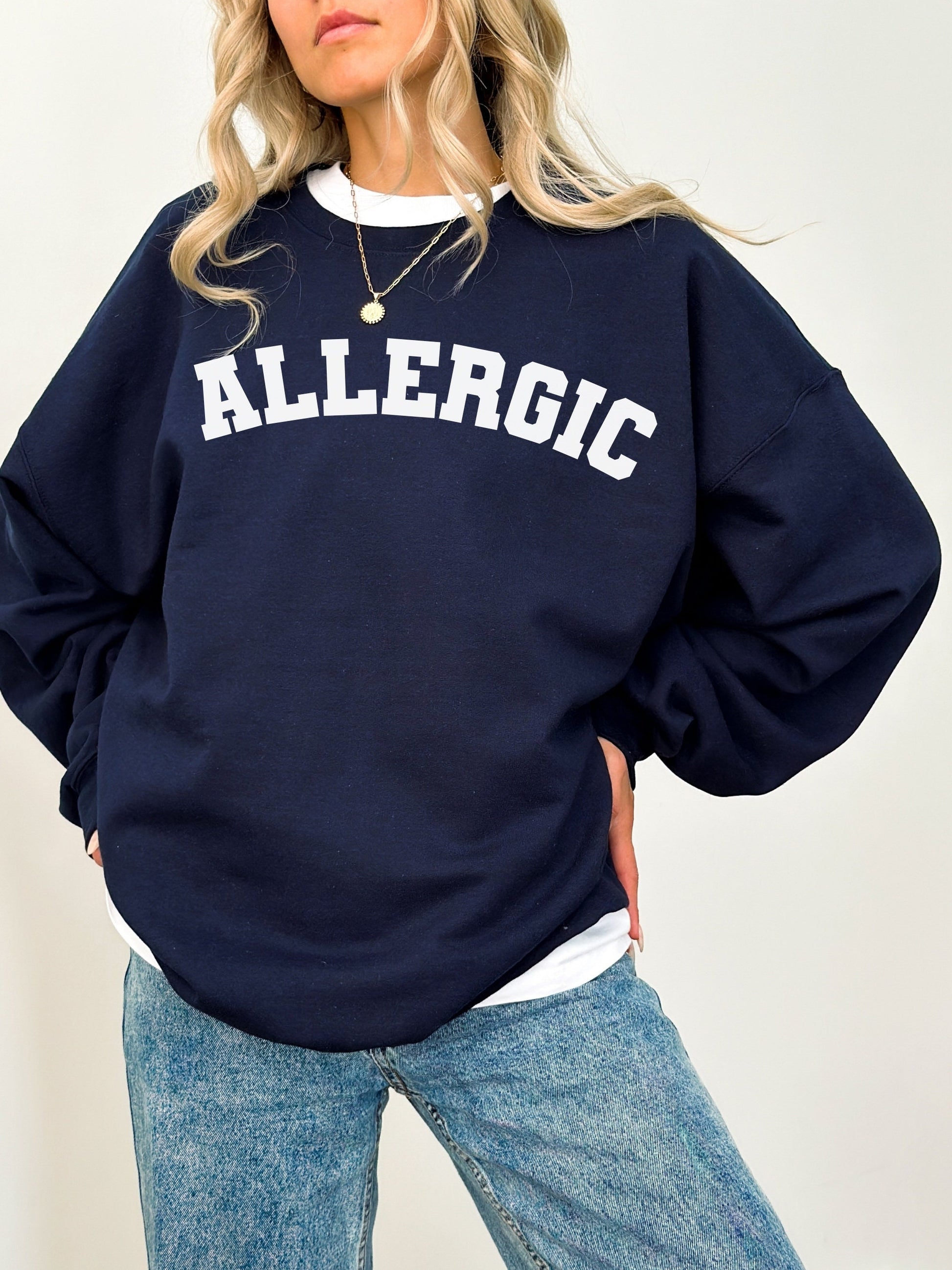 Allergic varsity crewneck unisex sweatshirt invisible chronic illness celiac gluten free autoimmune food seasonal allergies mcas awareness