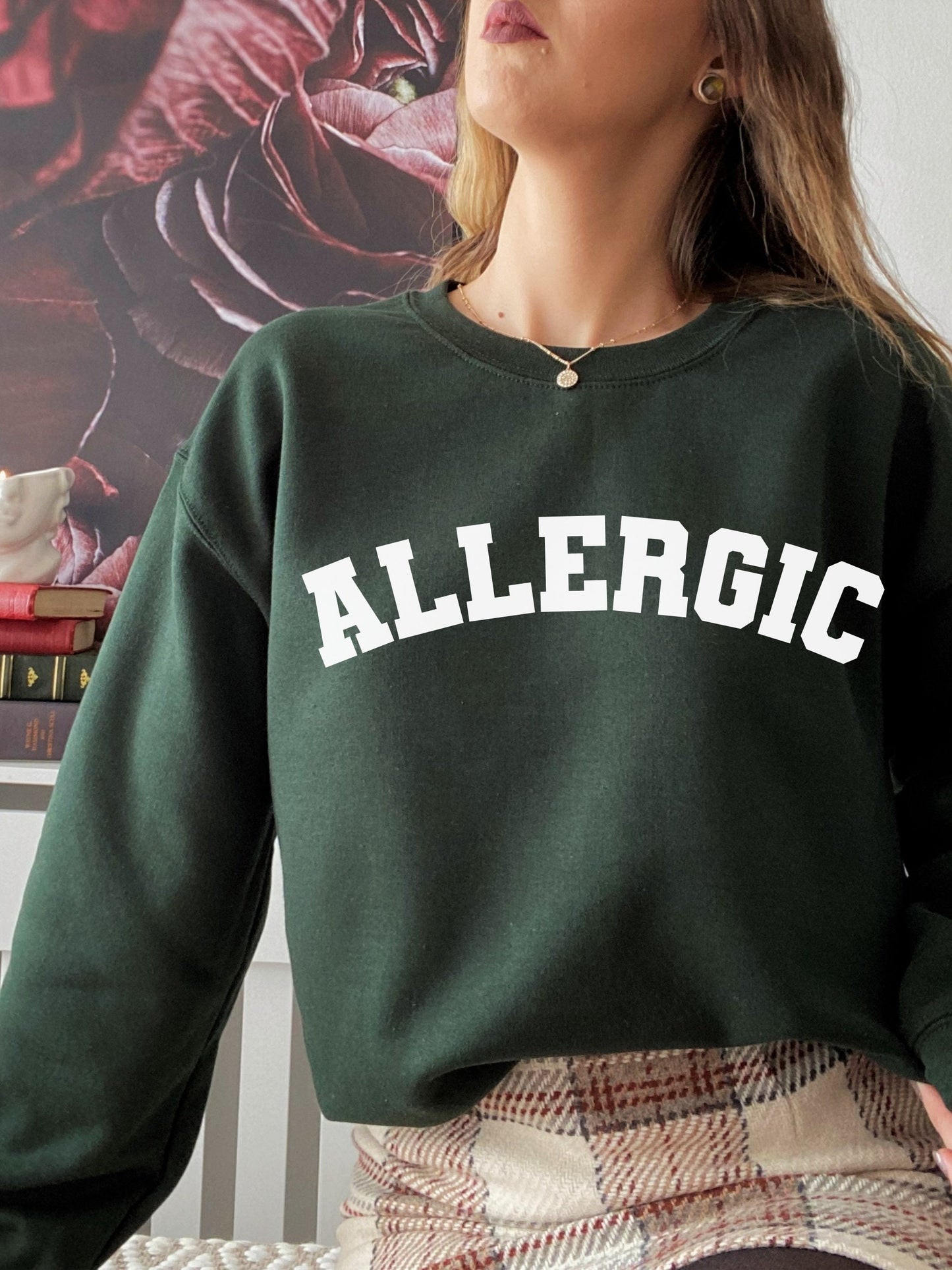 Allergic varsity crewneck unisex sweatshirt invisible chronic illness celiac gluten free autoimmune food seasonal allergies mcas awareness