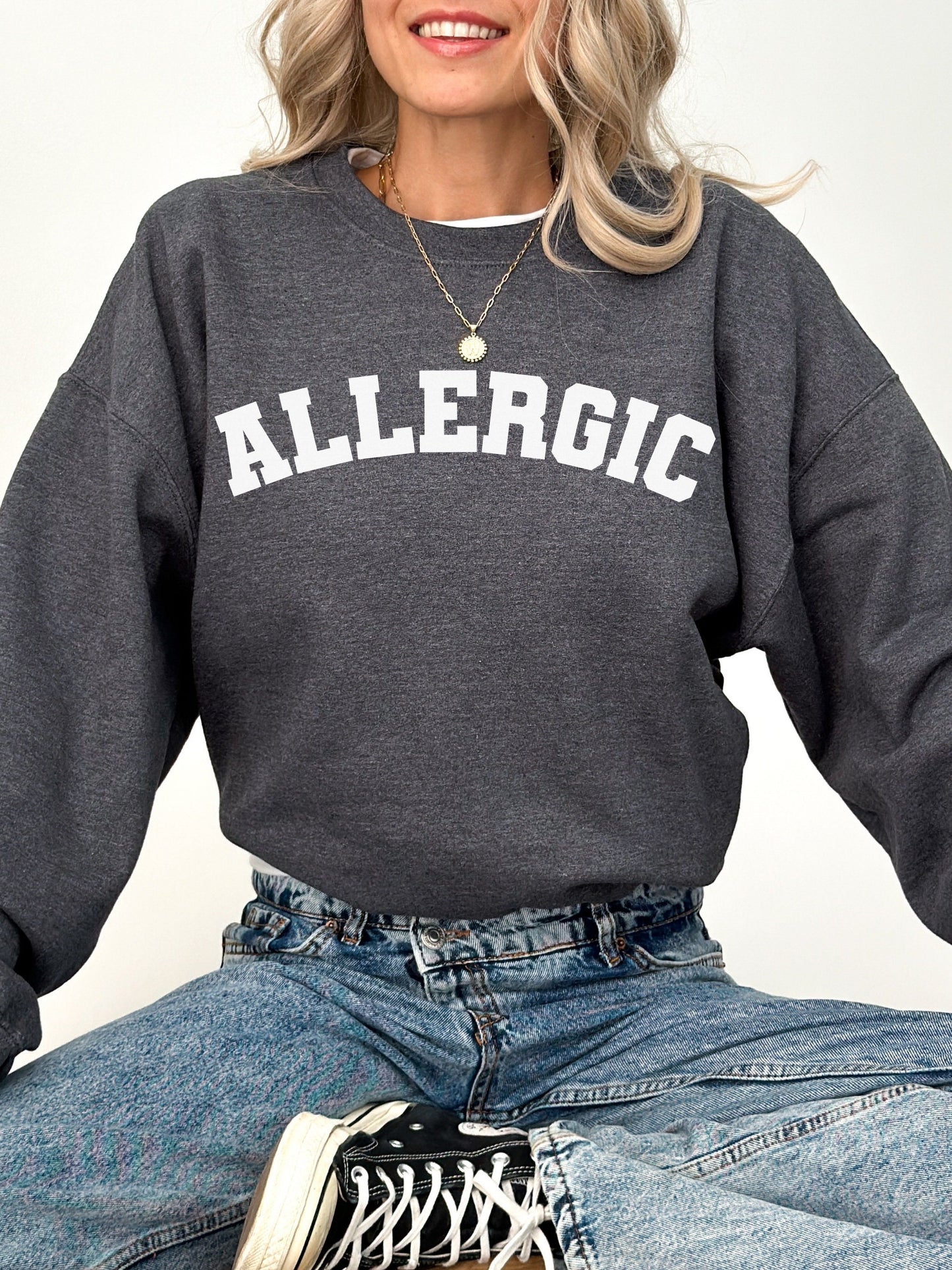 Allergic varsity crewneck unisex sweatshirt invisible chronic illness celiac gluten free autoimmune food seasonal allergies mcas awareness