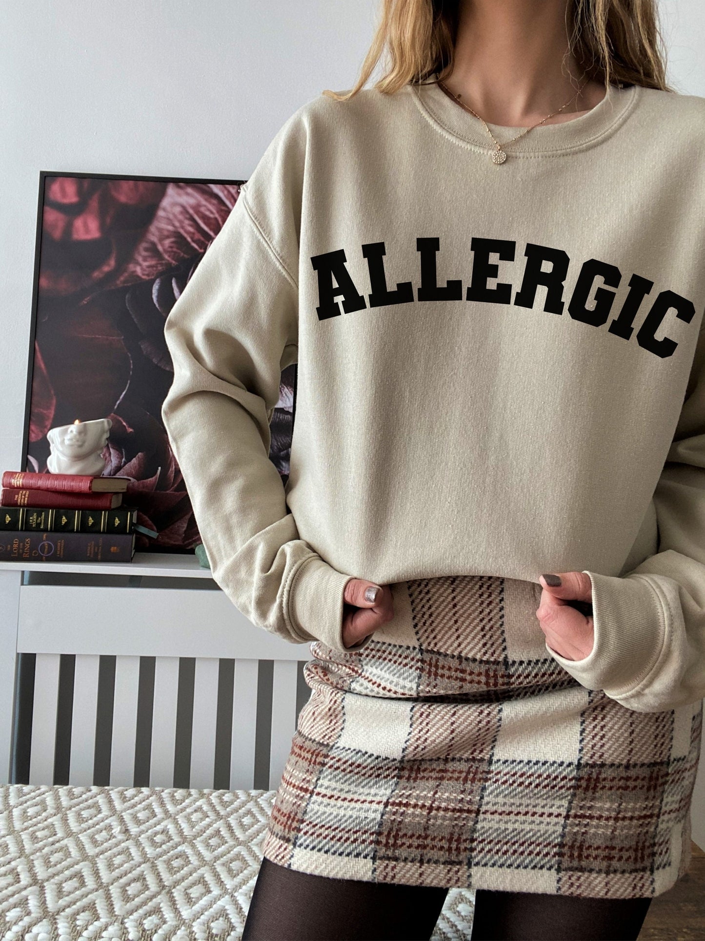 Allergic varsity crewneck unisex sweatshirt invisible chronic illness celiac gluten free autoimmune food seasonal allergies mcas awareness