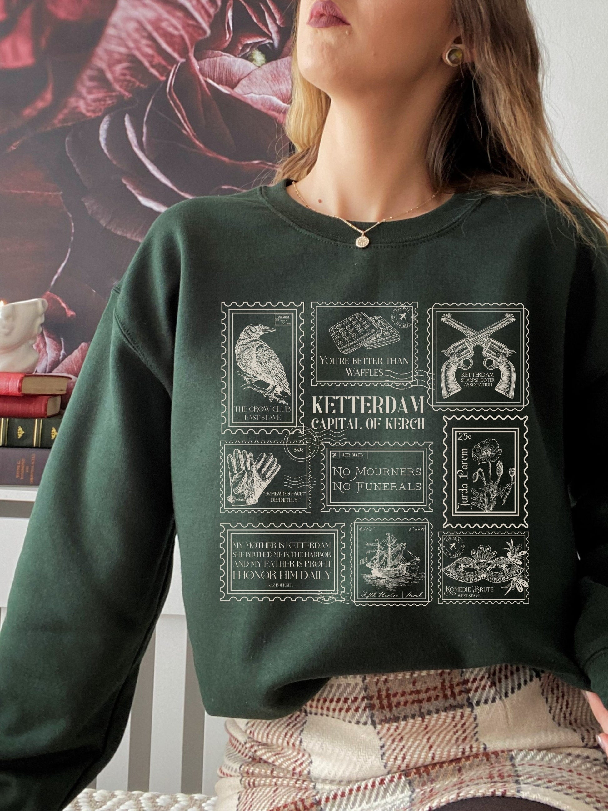 Six of Crows Stamp Collection Crewneck Sweatshirt * Crow Club Kaz Inej Jesper Greetings from Ketterdam Postcard Fandom Merch Bookish Gift