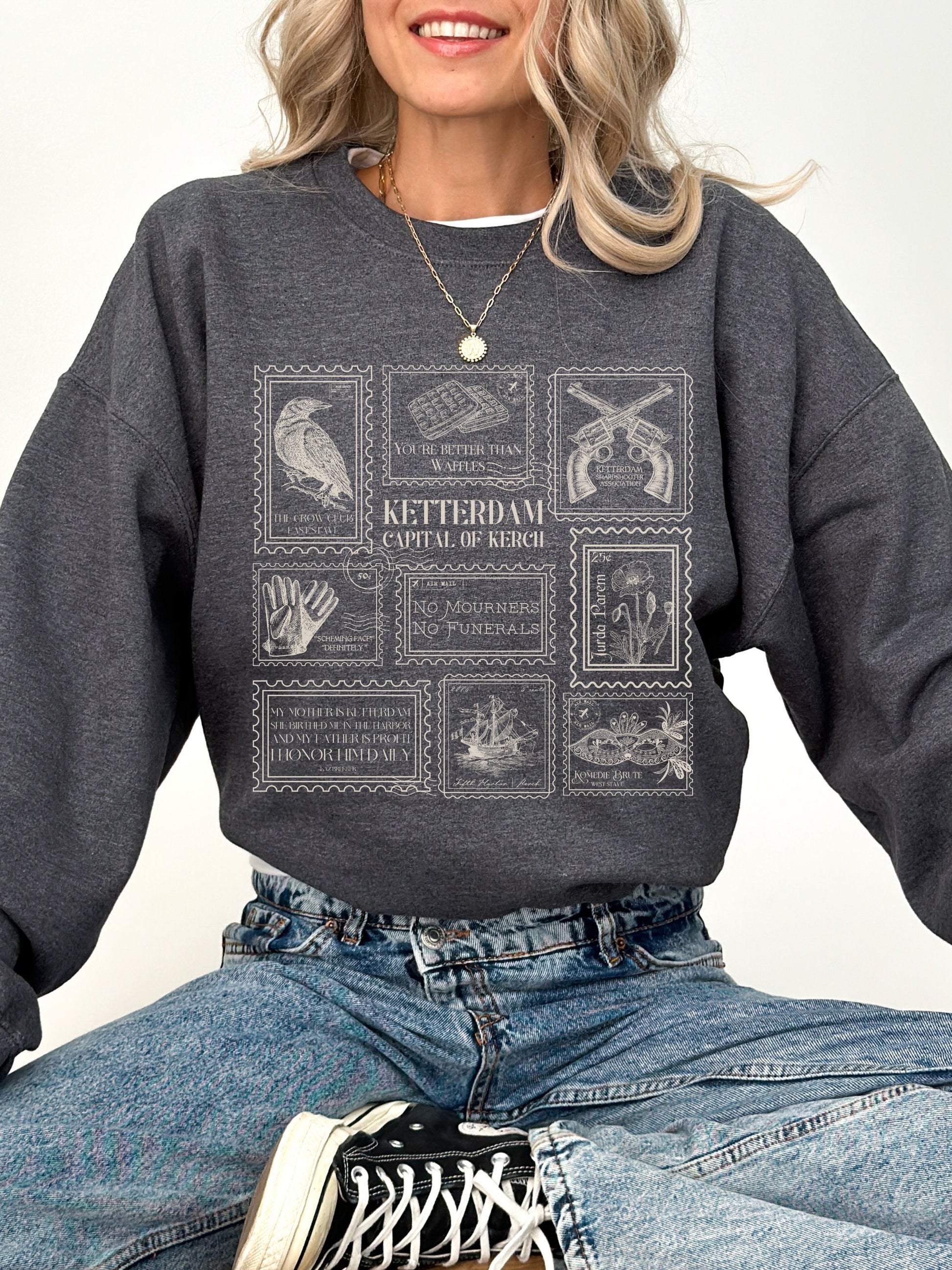 Six of Crows Stamp Collection Crewneck Sweatshirt * Crow Club Kaz Inej Jesper Greetings from Ketterdam Postcard Fandom Merch Bookish Gift