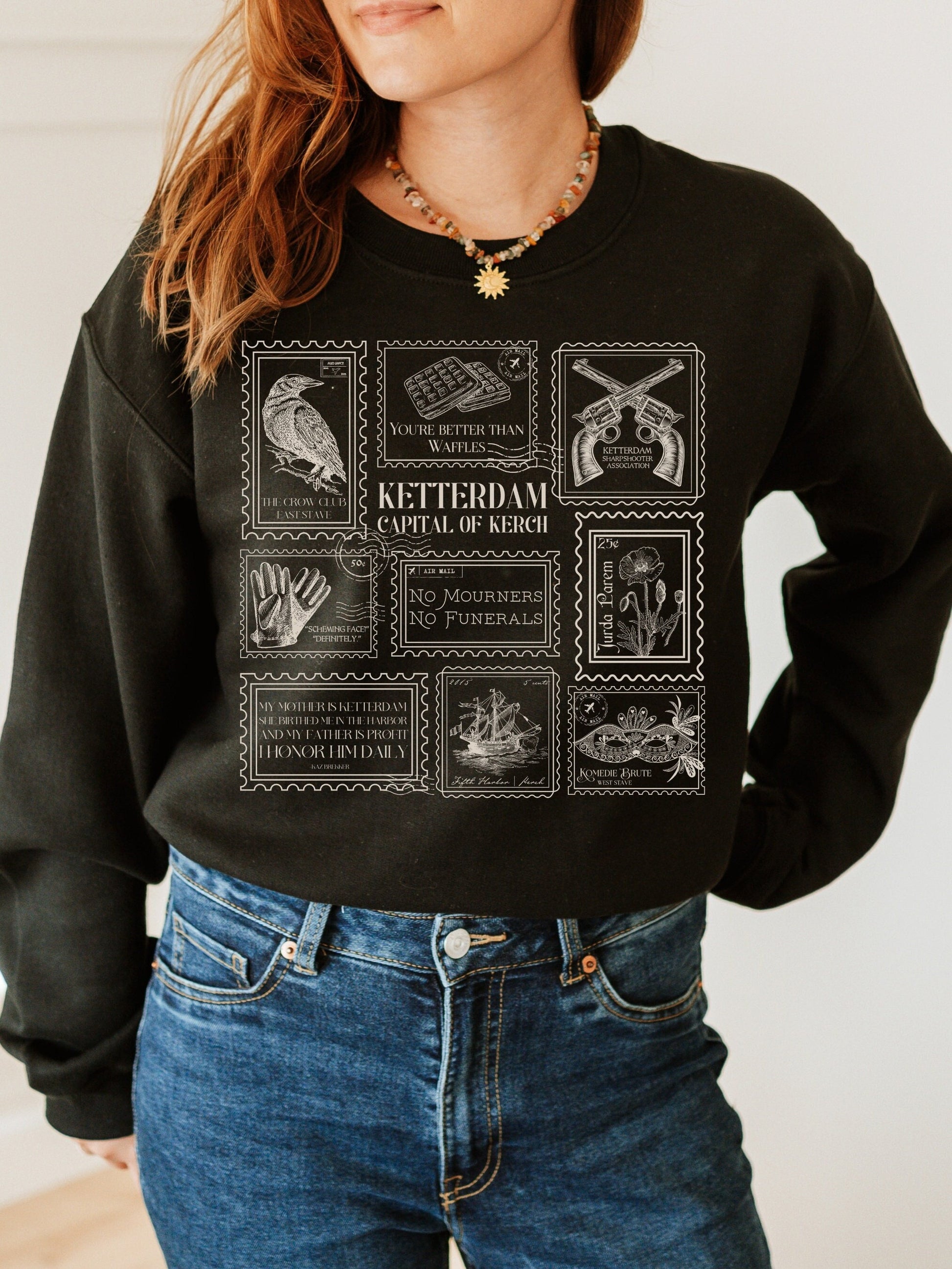 Six of Crows Stamp Collection Crewneck Sweatshirt * Crow Club Kaz Inej Jesper Greetings from Ketterdam Postcard Fandom Merch Bookish Gift