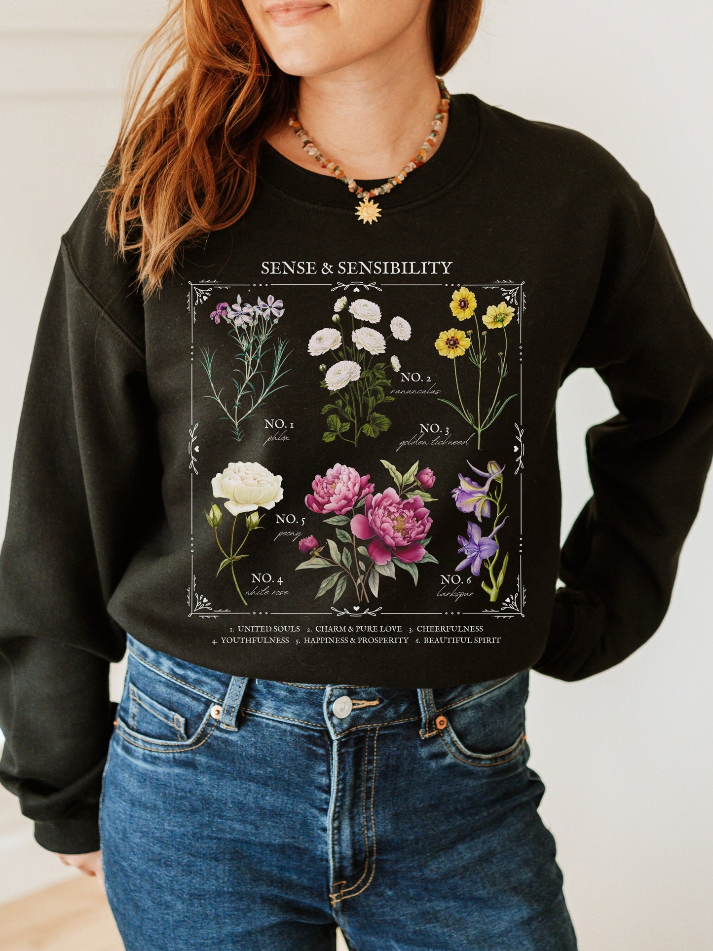 Jane Austen Sense & Sensibility Literary flower chart sweatshirt Cottagecore Literature Bookish Fandom Merch Lover Gift Idea pemberley darcy