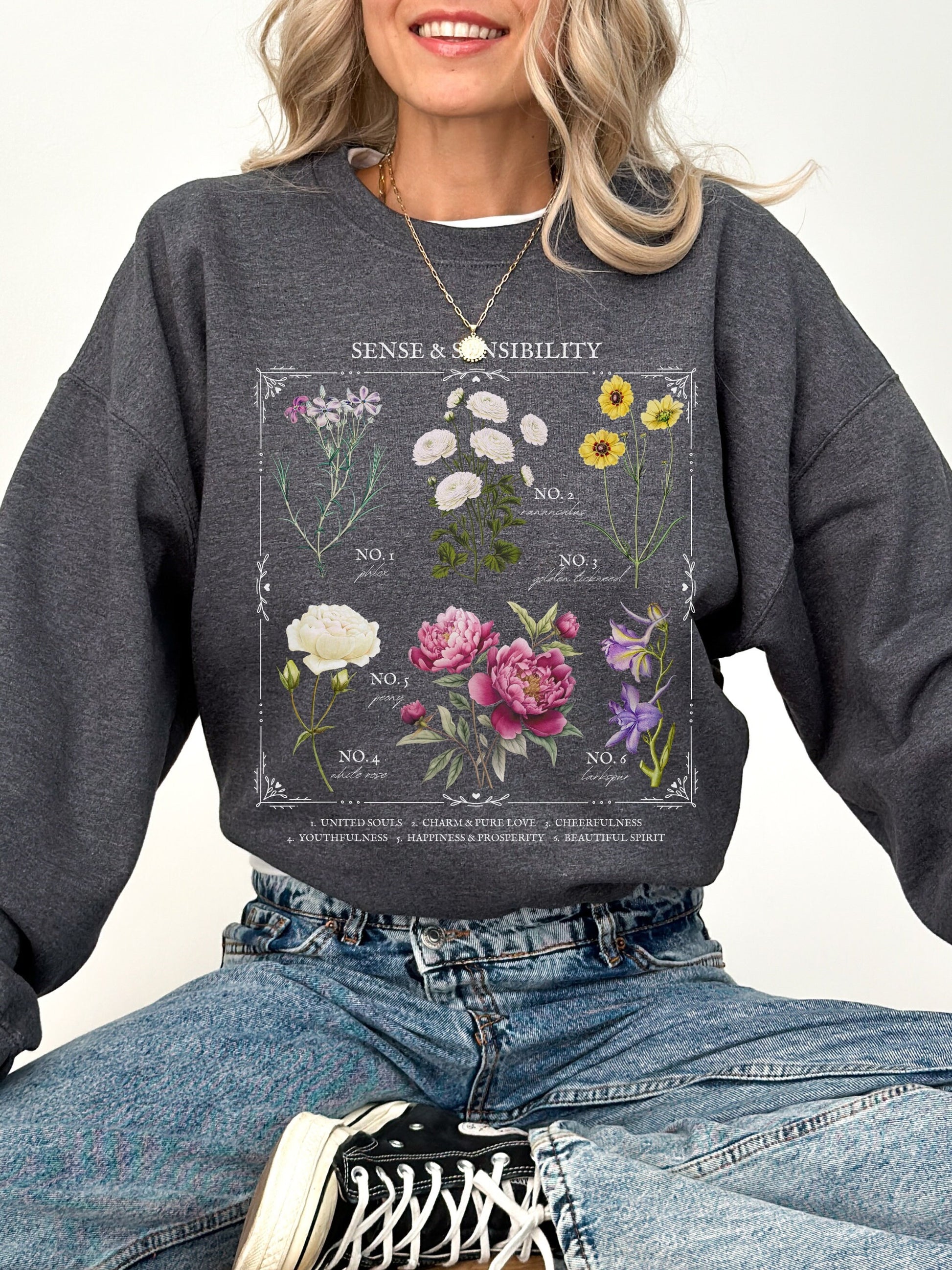 Jane Austen Sense & Sensibility Literary flower chart sweatshirt Cottagecore Literature Bookish Fandom Merch Lover Gift Idea pemberley darcy