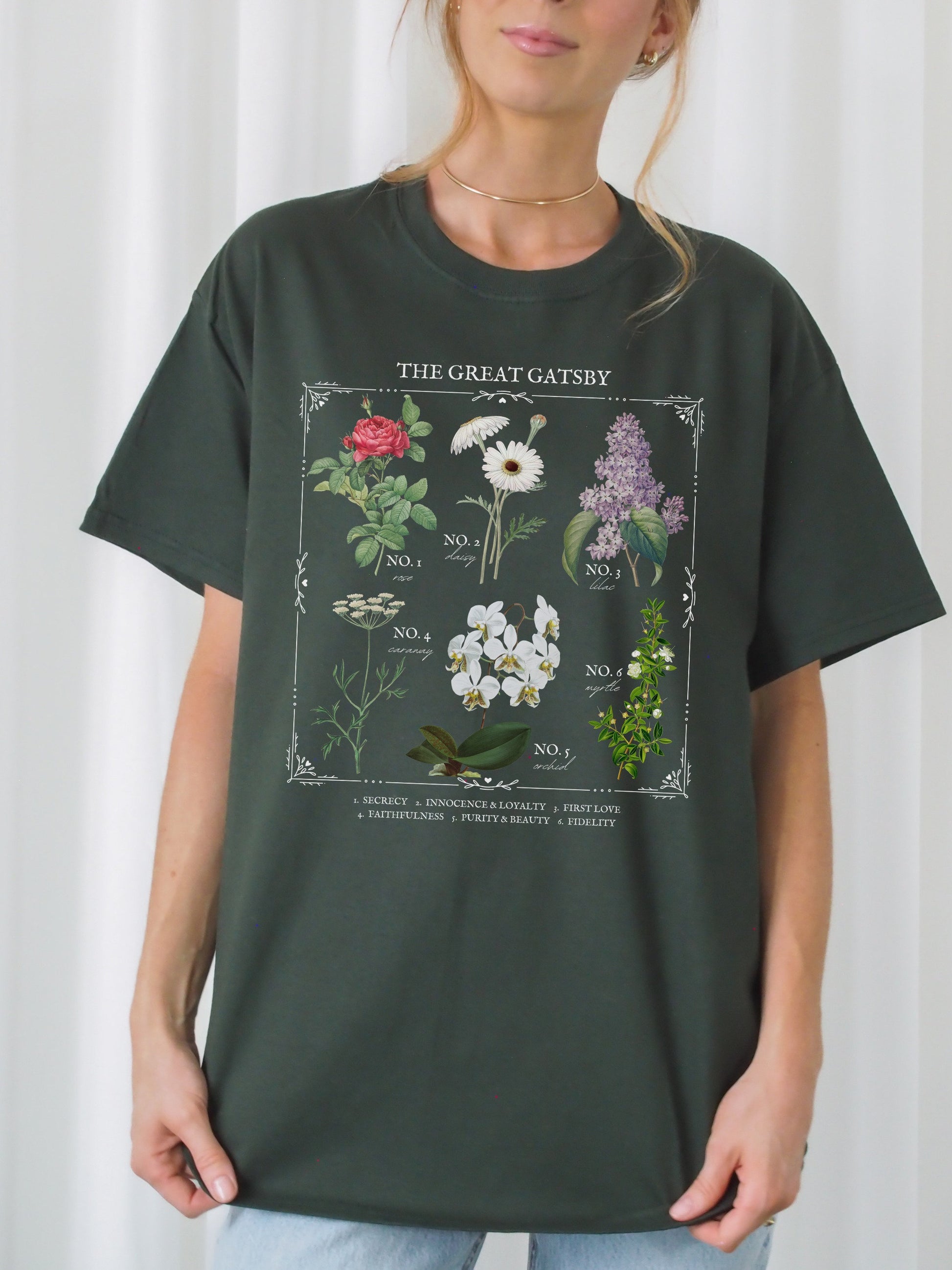 Fitzgerald The Great Gatsby Literary Flower Chart tee shirt Cottagecore Literature Bookish Fandom Merch Dark Academia Gift daisy buchanan