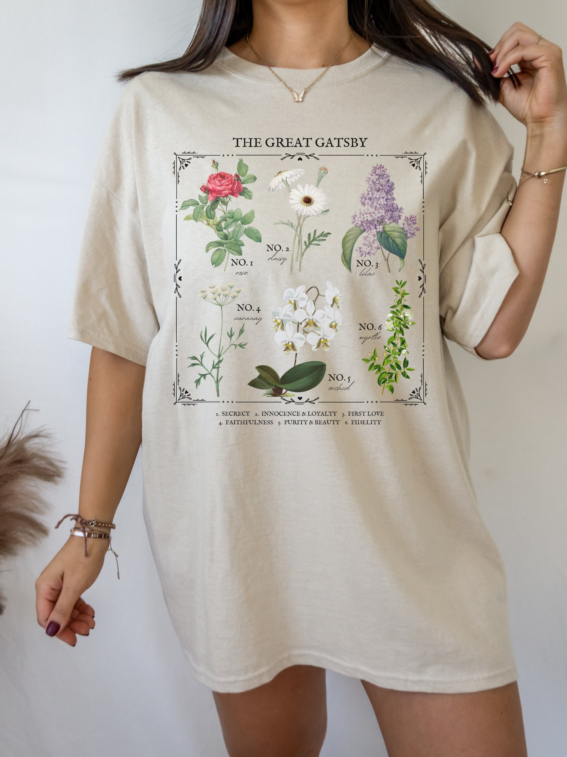 Fitzgerald The Great Gatsby Literary Flower Chart tee shirt Cottagecore Literature Bookish Fandom Merch Dark Academia Gift daisy buchanan