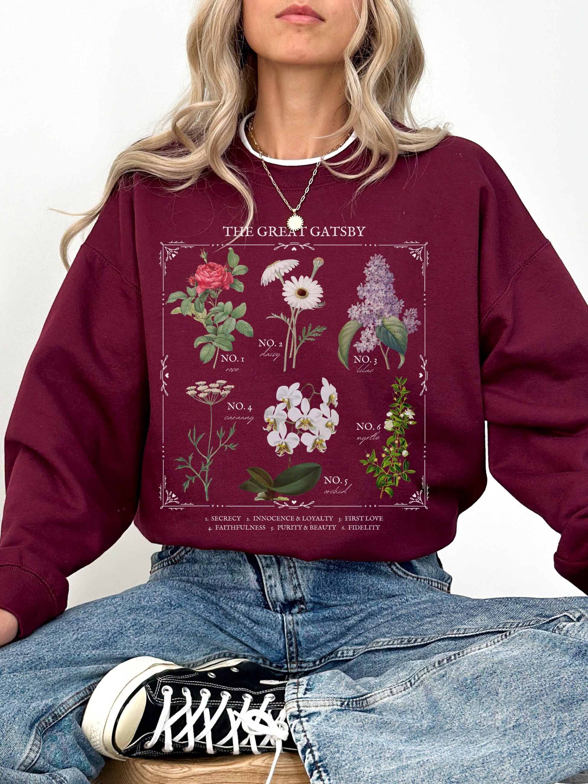 Fitzgerald The Great Gatsby flower chart sweatshirt * Cottagecore Literature Bookish Book Fandom Merch Dark Academia Gift * daisy buchanan