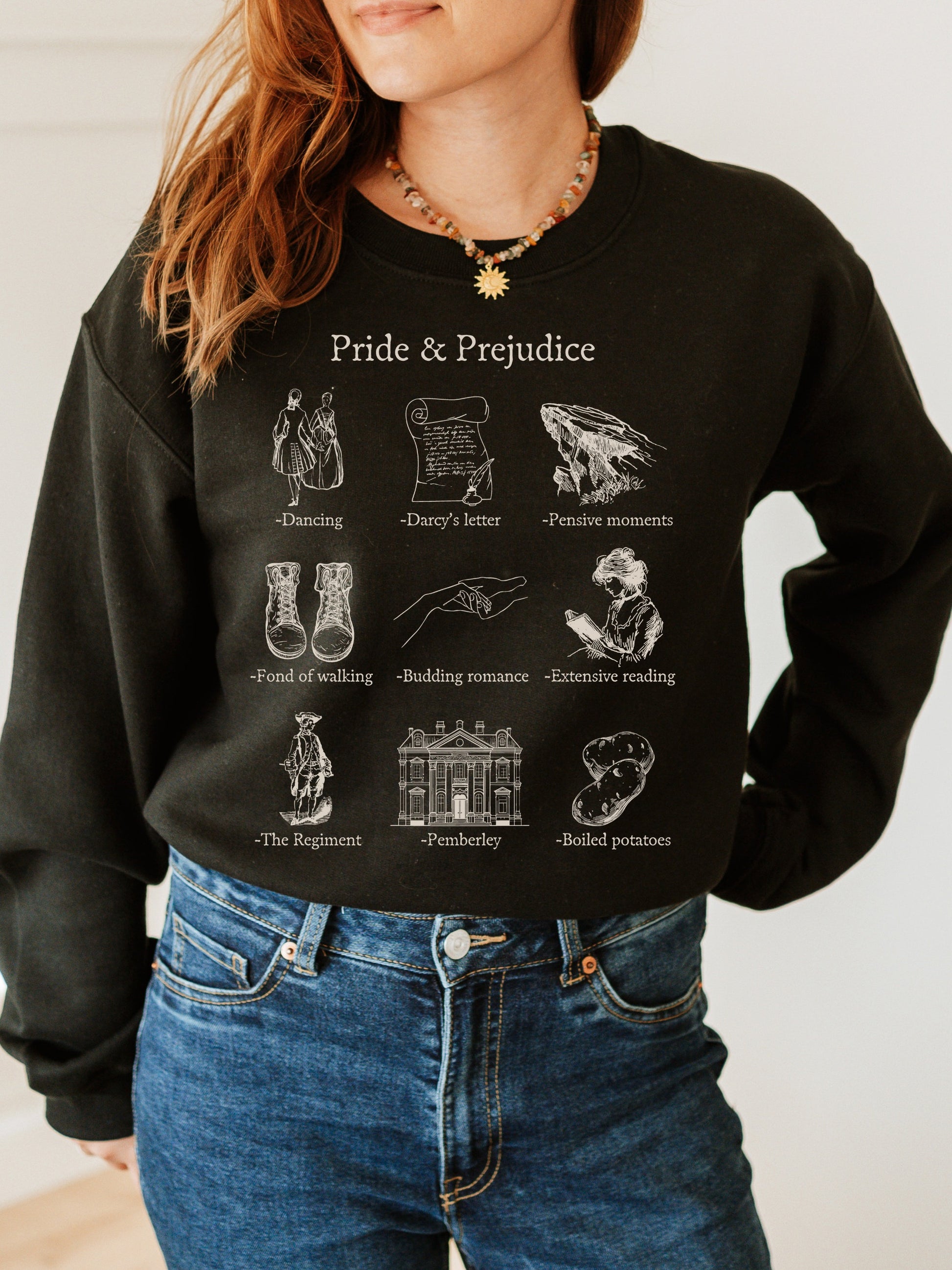 Pride & Prejudice Icon Chart Sweatshirt Crewneck Cottagecore * Jane Austen Book Fandom Subtle Merch Bookish Reader Gift Pemberly Mr Darcy