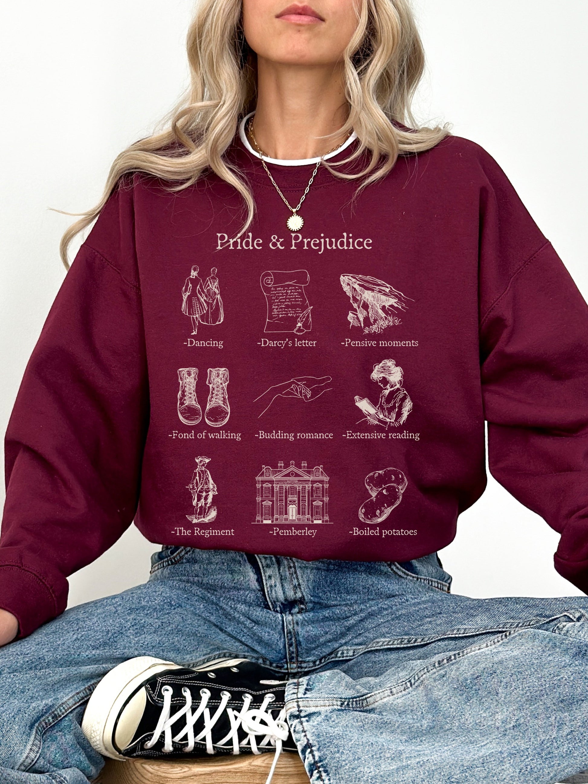 Pride & Prejudice Icon Chart Sweatshirt Crewneck Cottagecore * Jane Austen Book Fandom Subtle Merch Bookish Reader Gift Pemberly Mr Darcy