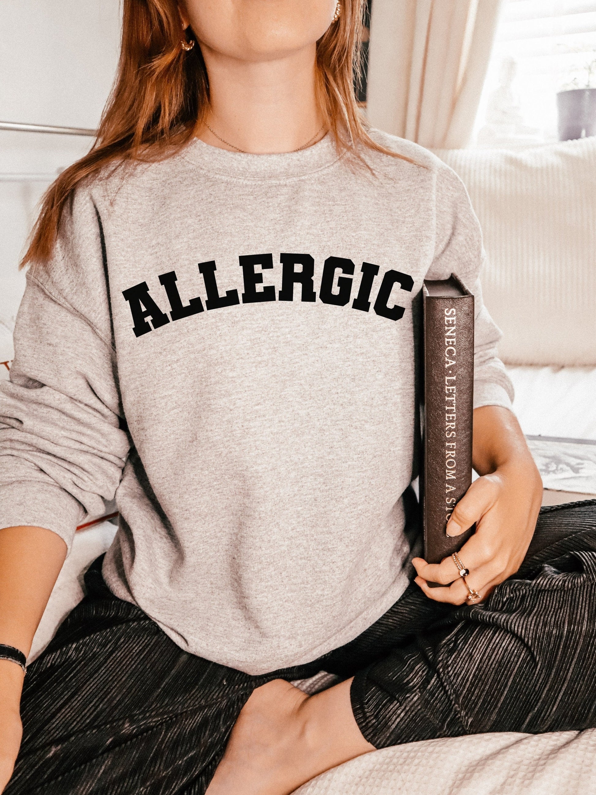 Allergic varsity crewneck unisex sweatshirt invisible chronic illness celiac gluten free autoimmune food seasonal allergies mcas awareness