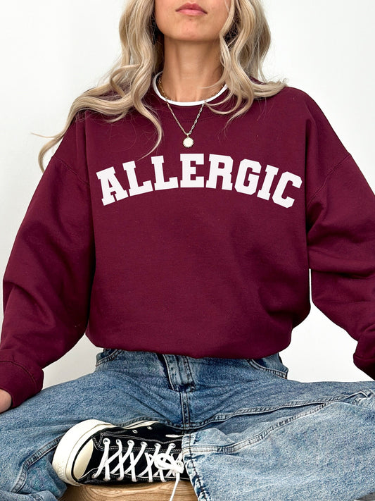 Allergic varsity crewneck unisex sweatshirt invisible chronic illness celiac gluten free autoimmune food seasonal allergies mcas awareness