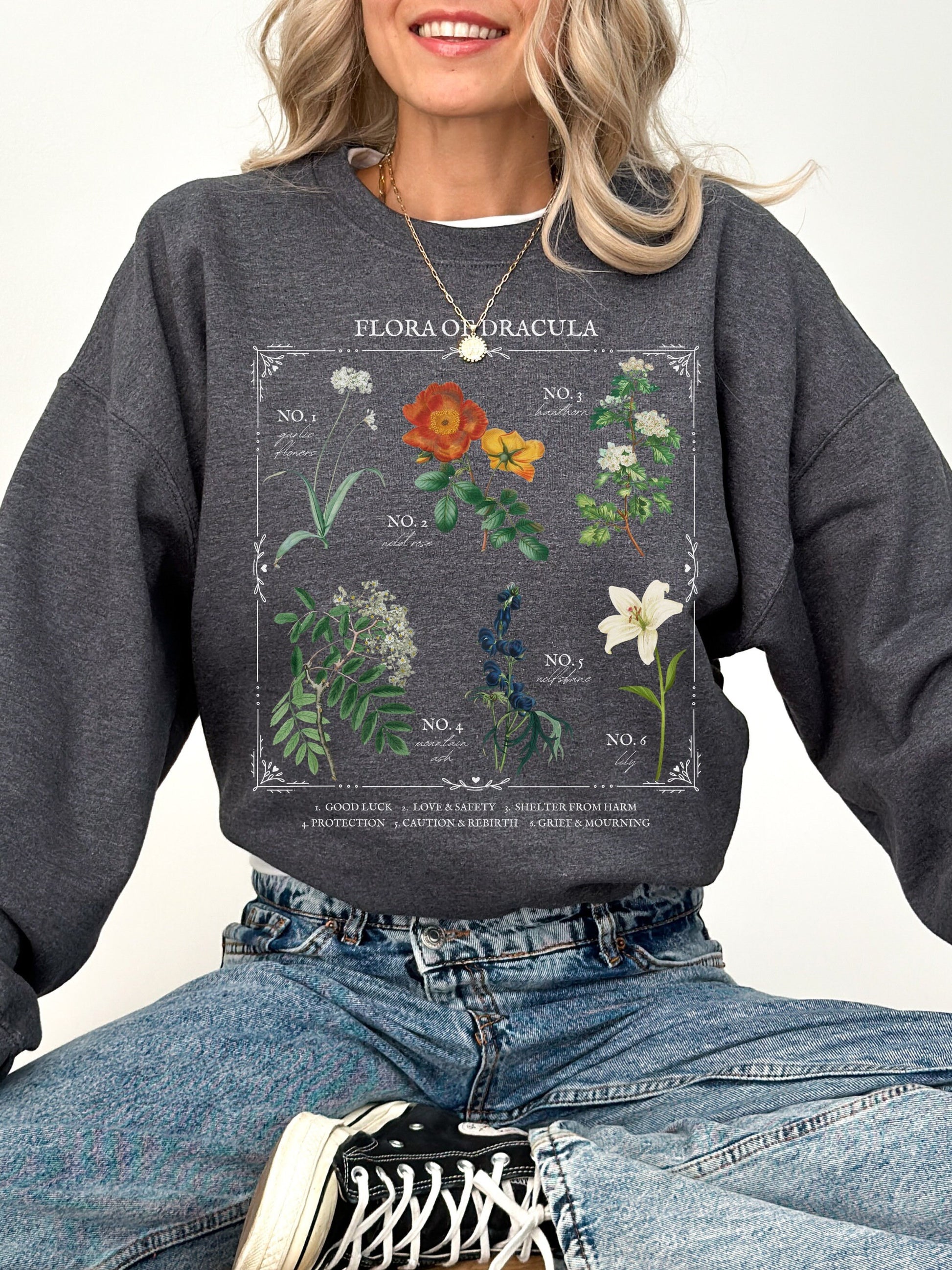 Flora of Dracula Literary Flower Chart * Herbology Floral Sweatshirt Bookish Bookworm Gift Bram Stoker Poet Literature Dark Gothic Academia