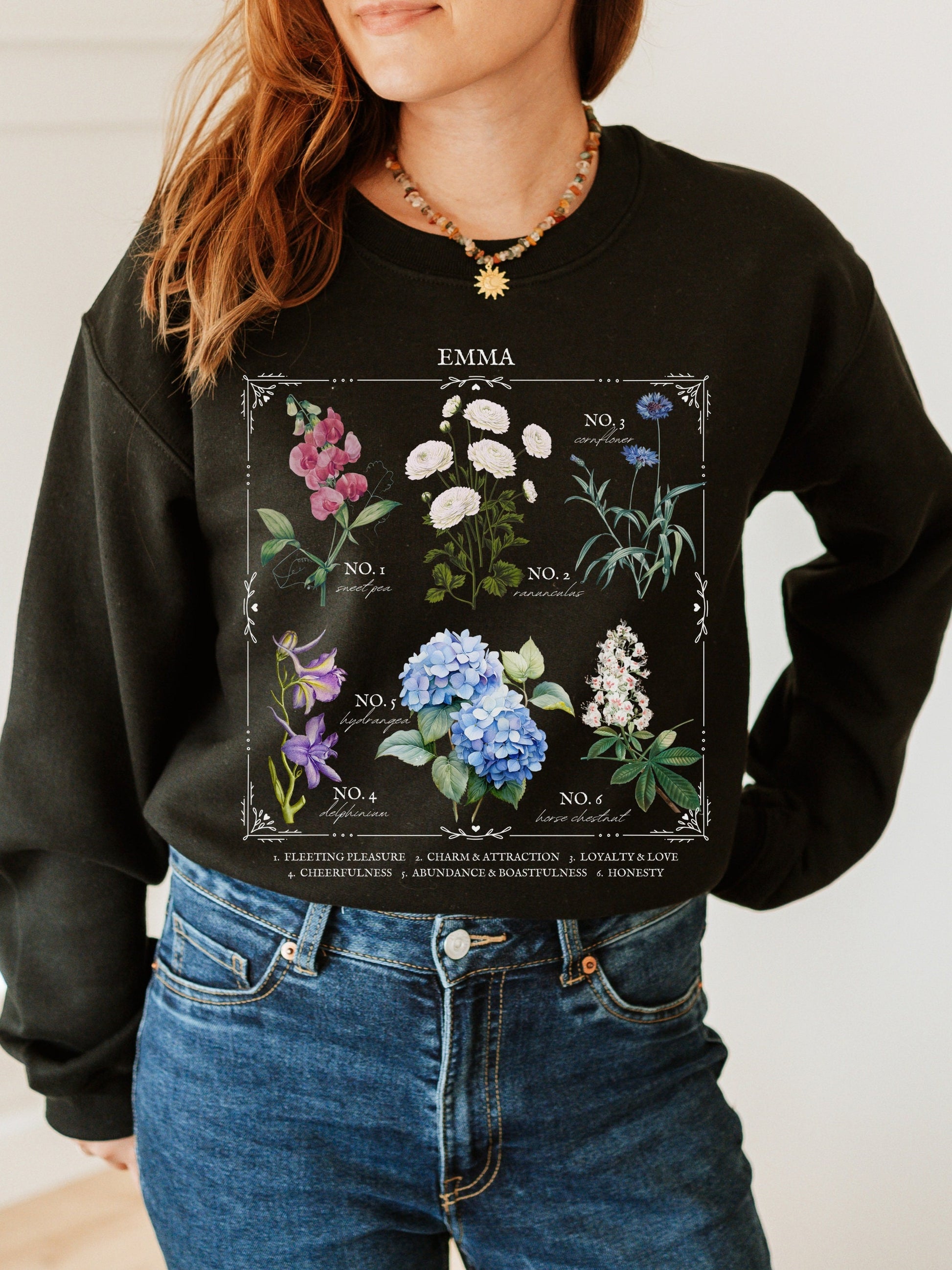 Jane Austen Emma Literary Flower Chart Sweatshirt * Herbology Cottagecore Academia Literature Subtle Bookish Book Fandom Merch Lover Gift