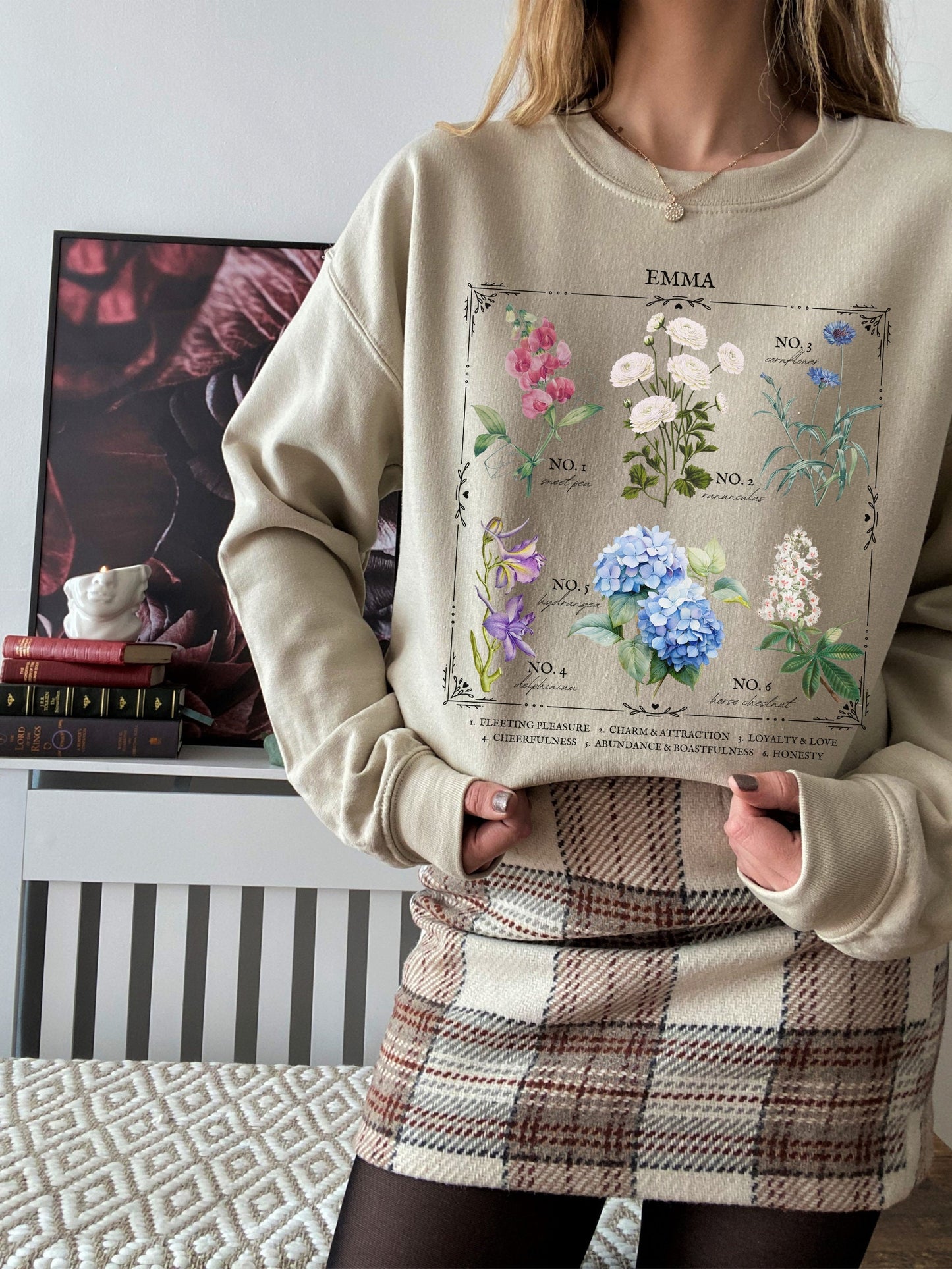 Jane Austen Emma Literary Flower Chart Sweatshirt * Herbology Cottagecore Academia Literature Subtle Bookish Book Fandom Merch Lover Gift