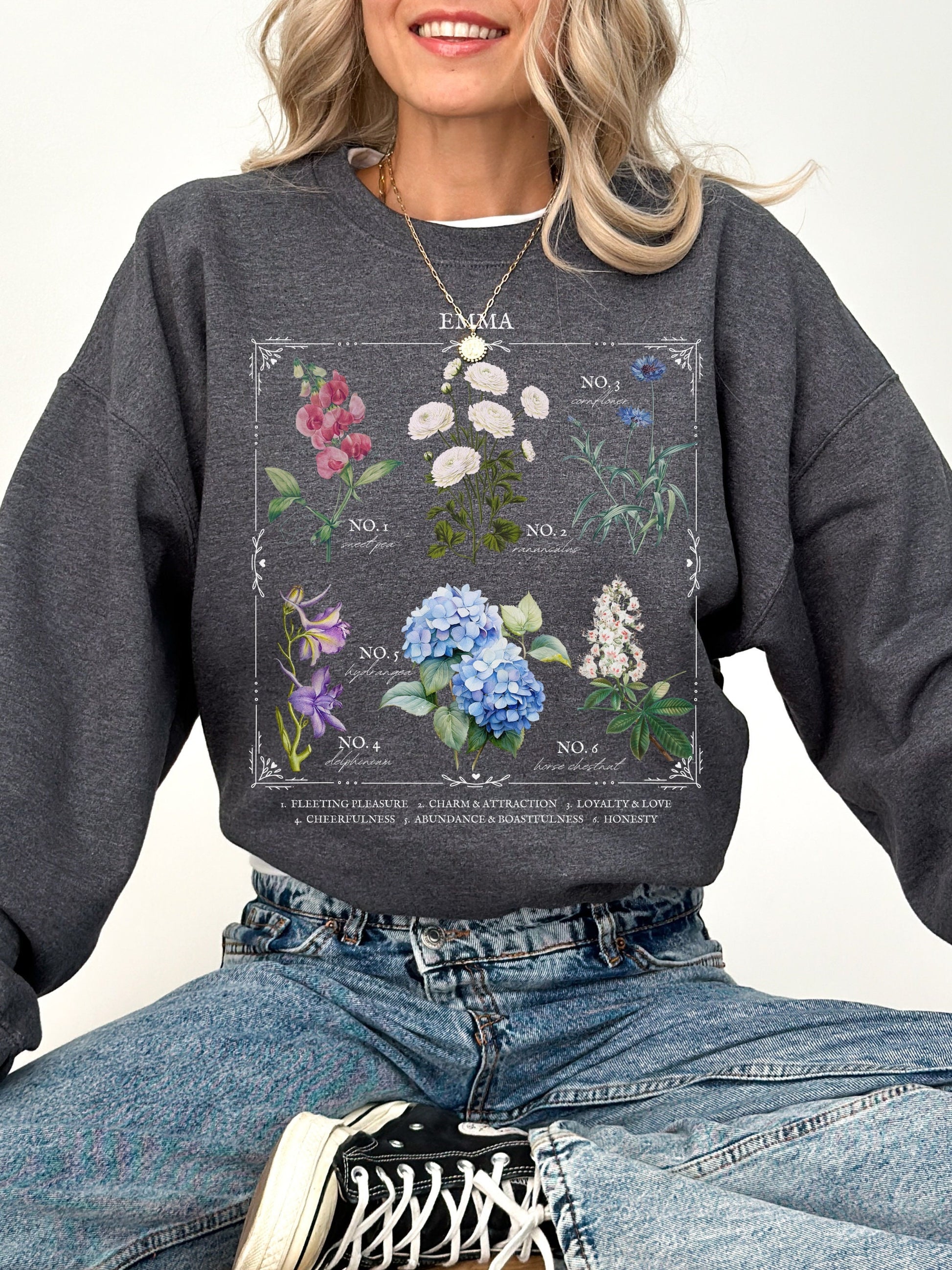 Jane Austen Emma Literary Flower Chart Sweatshirt * Herbology Cottagecore Academia Literature Subtle Bookish Book Fandom Merch Lover Gift