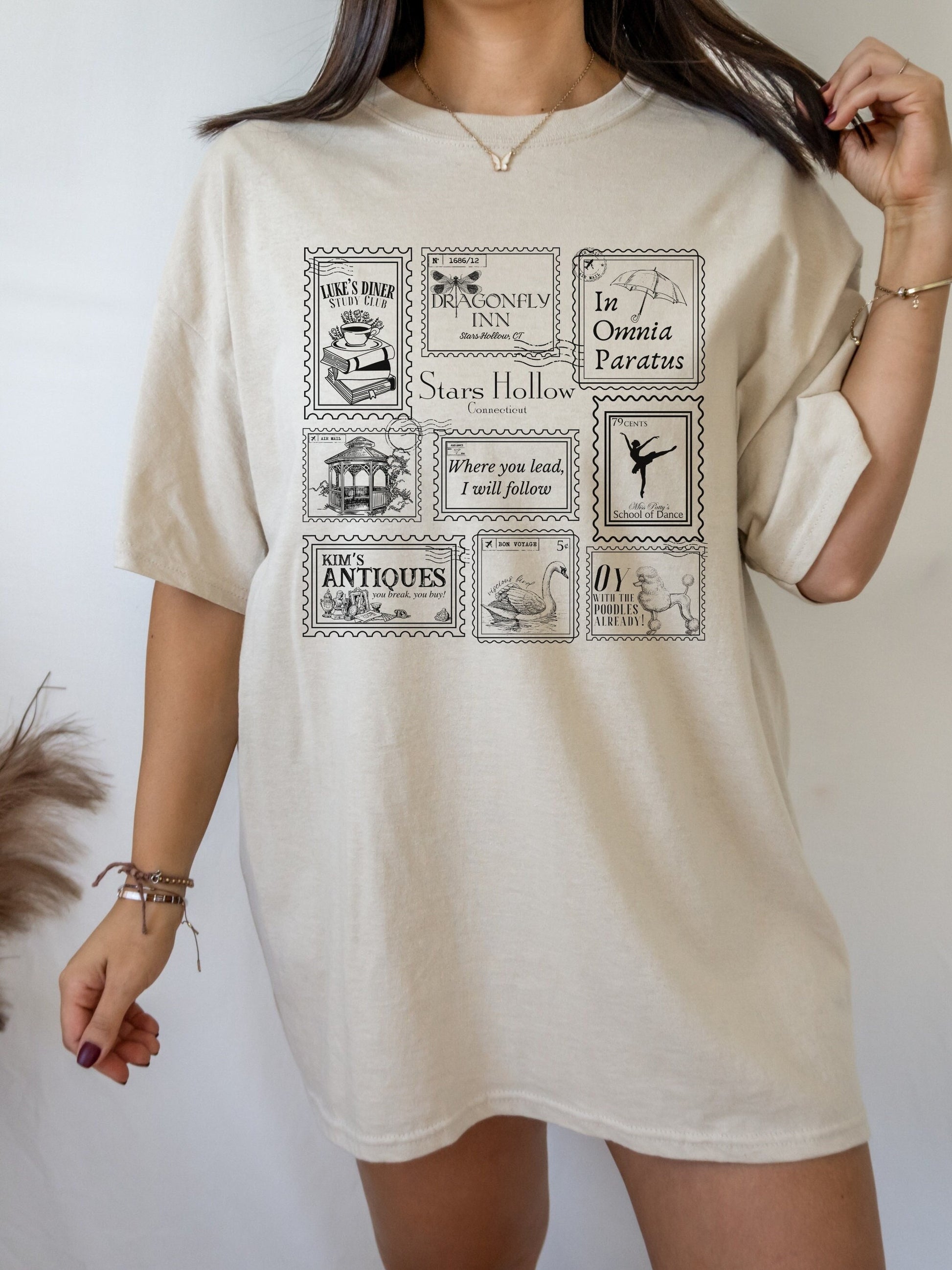 Stars Hollow Stamp Collection Tee Shirt Tshirt * Luke's Diner Dragonfly Inn In Omnia Paratus Postcard Book Lover Fandom Merch Bookish Gift