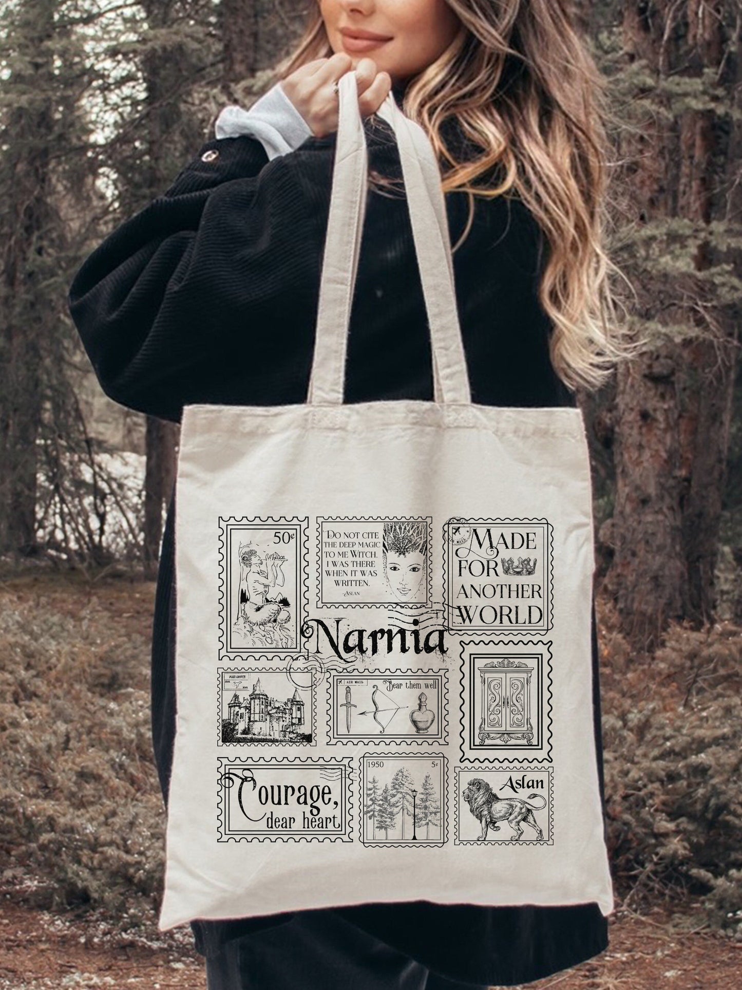 Narnia Stamp Collection Canvas Tote Bag * Lion Witch Wardrobe CS Lewis Greetings from Narnia Postcard Book Fandom Merch Bookish Teacher Gift