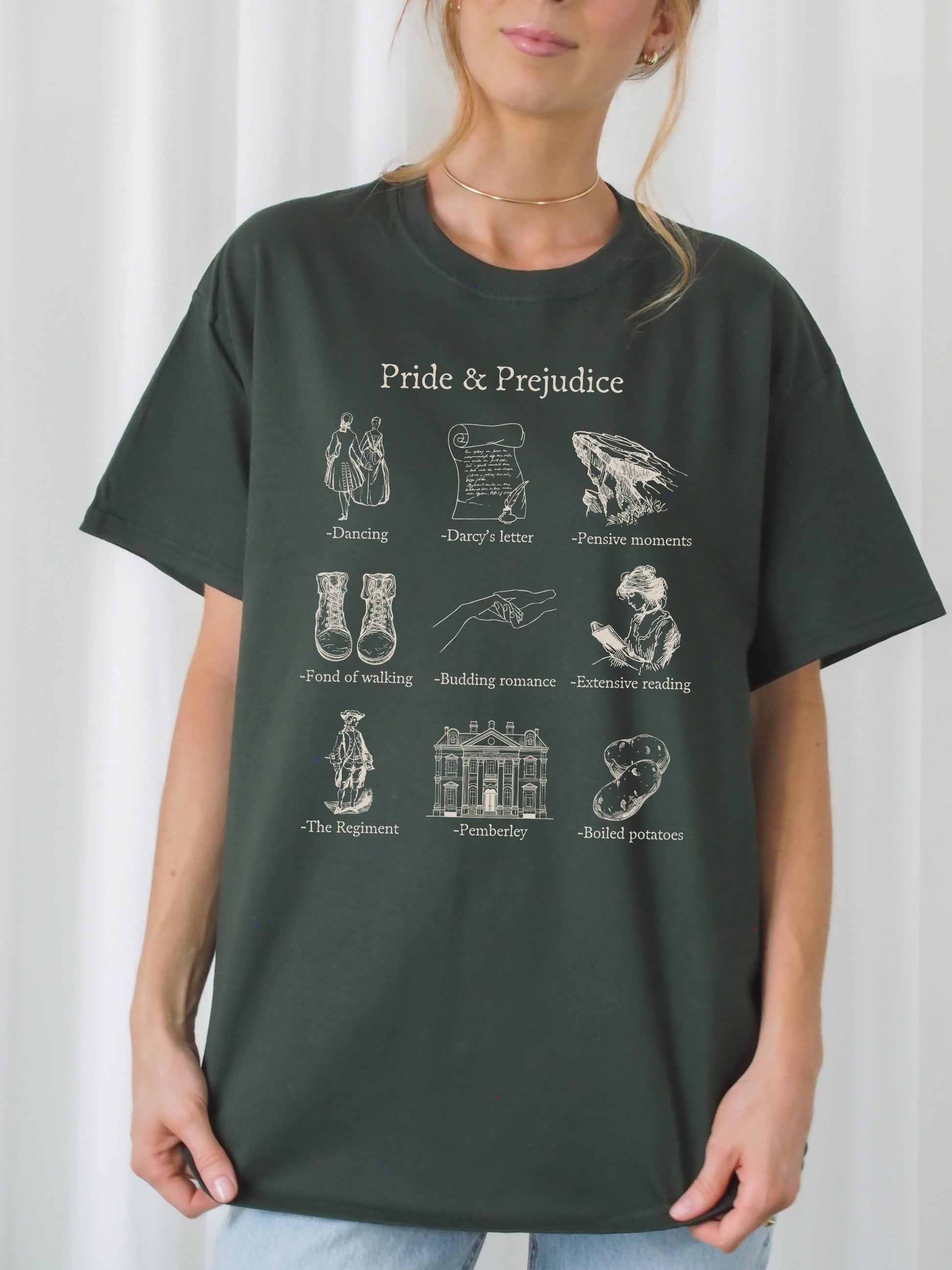 Pride & Prejudice Icon Chart Tee Shirt Tshirt Cottagecore Jane Austen Book Fandom Subtle Merch Bookish Reader Gift Book Lover Pemberly Darcy