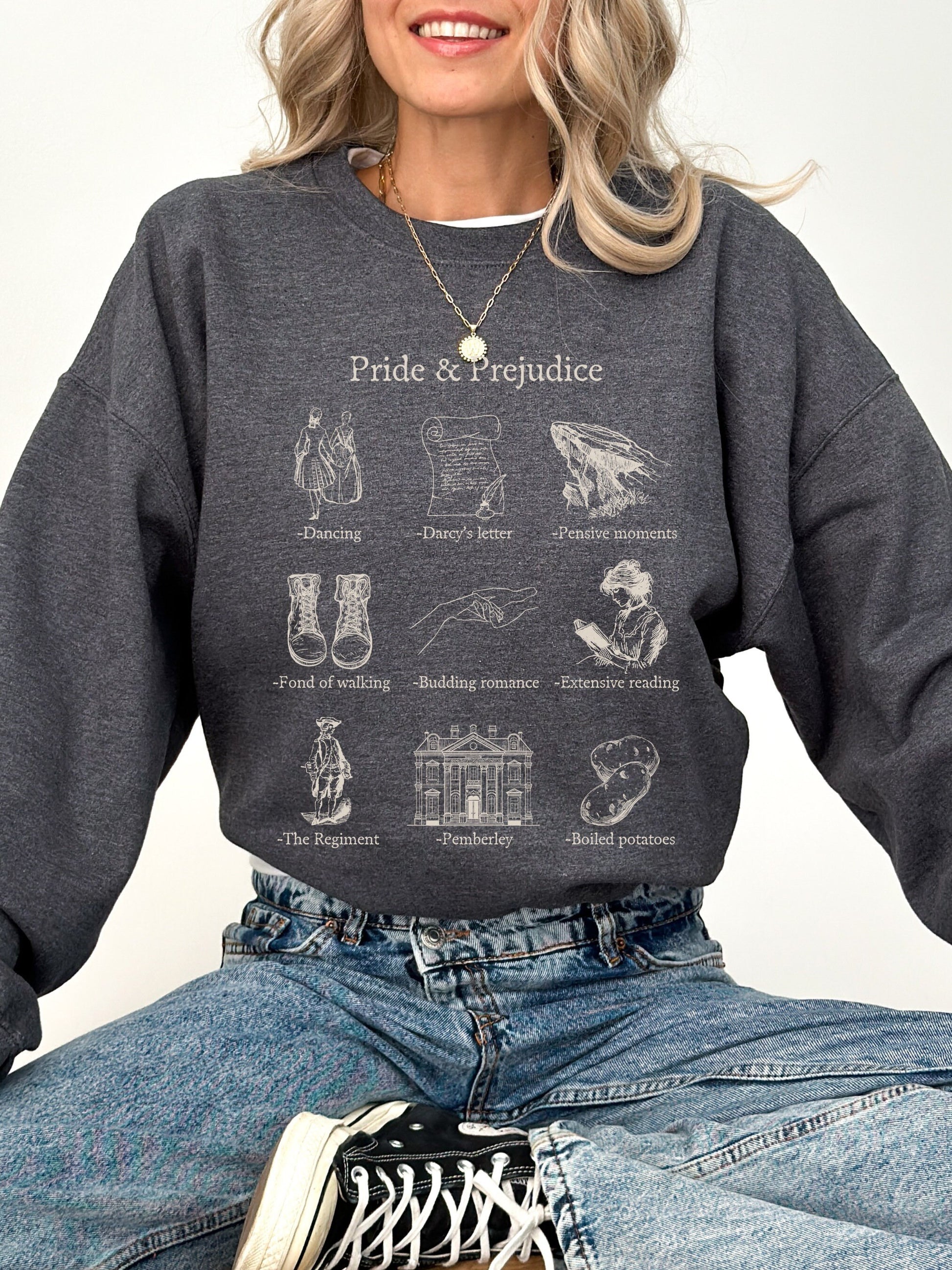 Pride & Prejudice Icon Chart Sweatshirt Crewneck Cottagecore * Jane Austen Book Fandom Subtle Merch Bookish Reader Gift Pemberly Mr Darcy