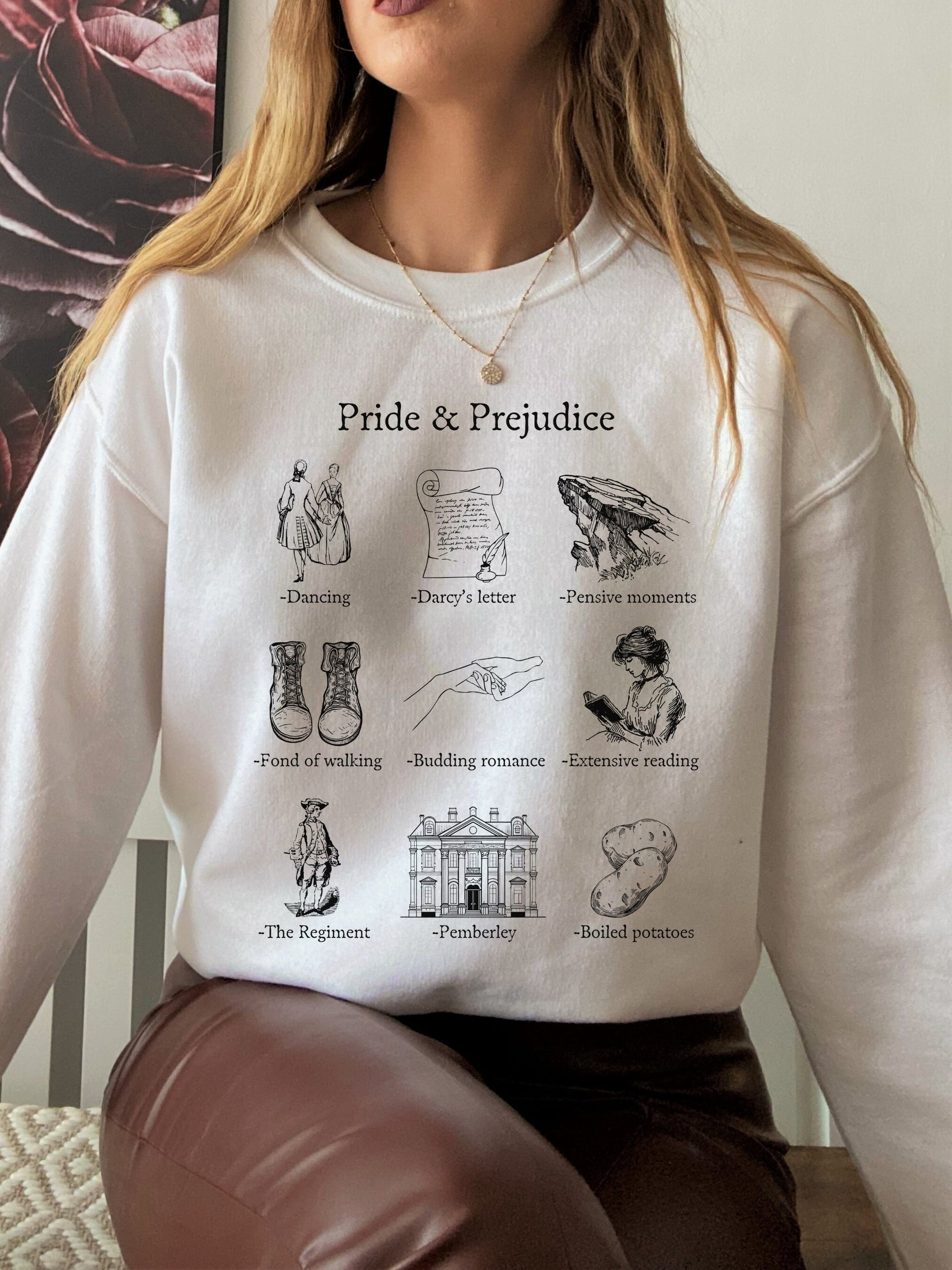 Pride & Prejudice Icon Chart Sweatshirt Crewneck Cottagecore * Jane Austen Book Fandom Subtle Merch Bookish Reader Gift Pemberly Mr Darcy