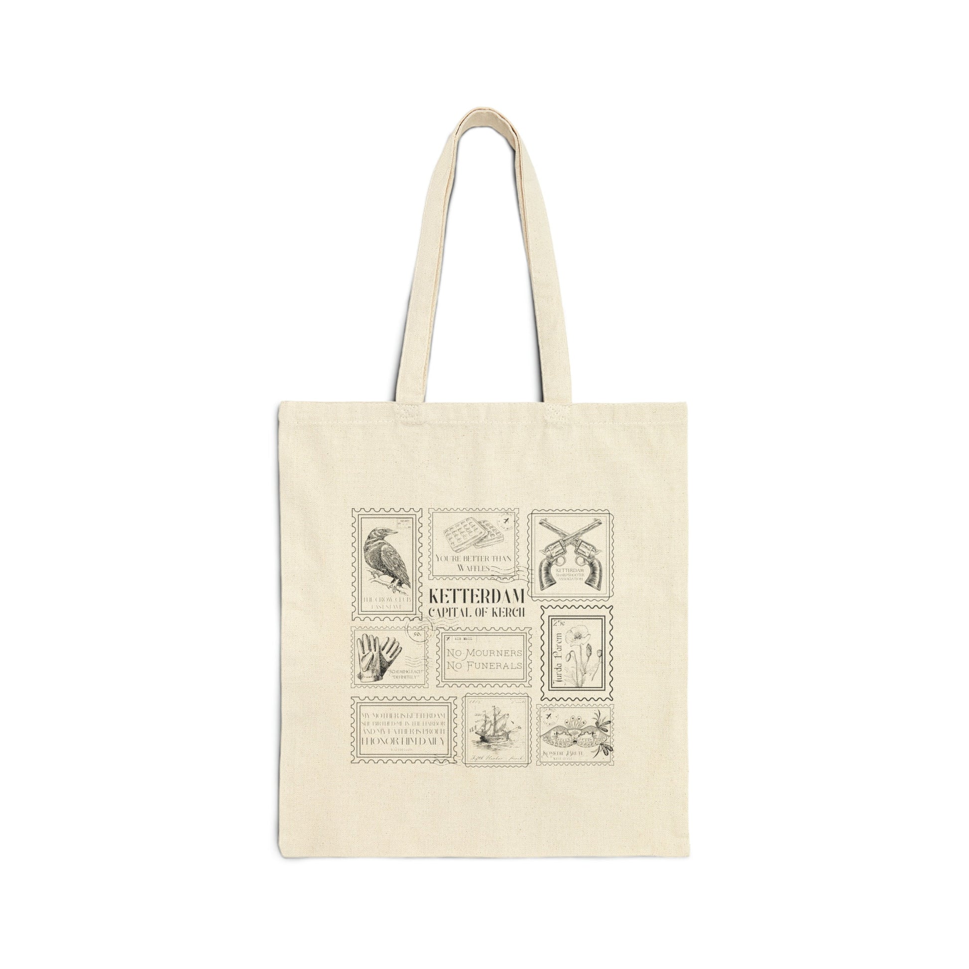 Six of Crows Stamp Collection Canvas Tote Bag * Crow Club Kaz Inej Jesper Greetings from Ketterdam Postcard Book Fandom Merch Bookish Gift