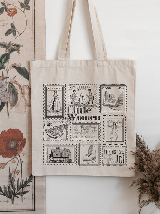 Little Women Literary Stamp Collection Tote Bag * Cottagecore March Sisters Meg Jo Beth Amy * Greetings from Book Fandom Merch Bookish Gift