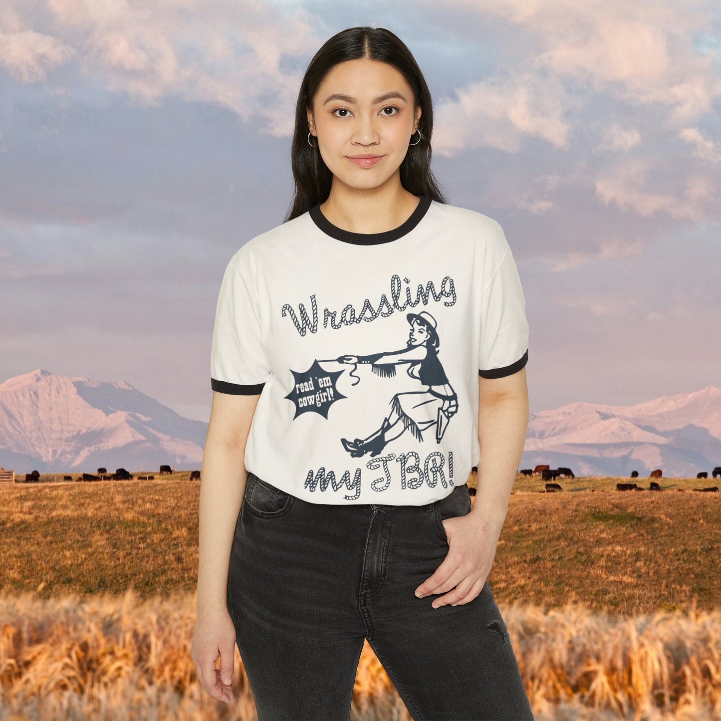 Bookish Retro Cowgirl Ringer Tee Death by TBR * Cowboy Western Romance * Hot Girls Read Let's Read Girls Chestnut Spring Stfuattdlagg Club